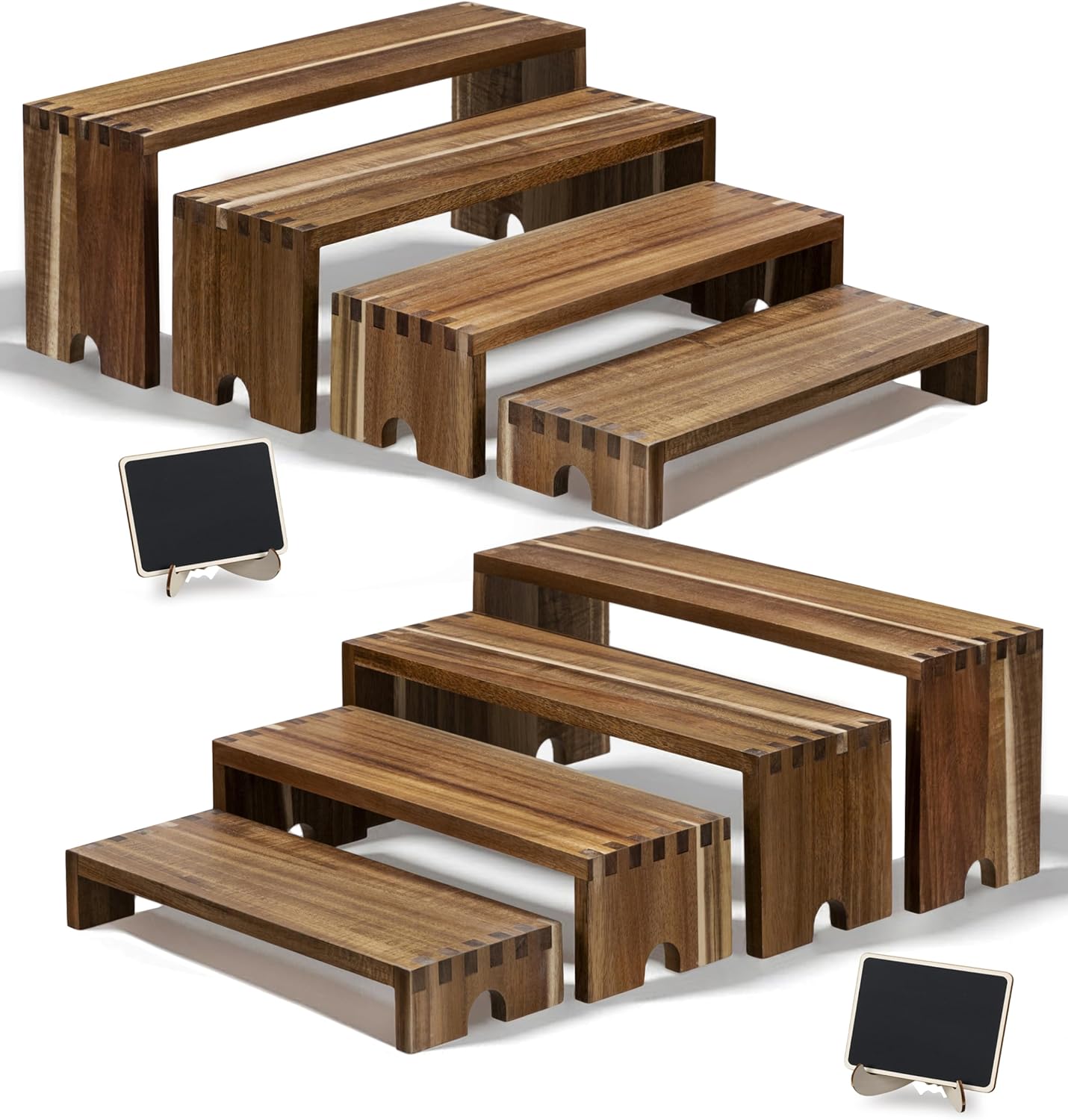 HBlife 2 Set Widened Acacia Wood Display Risers for Vendor Events, Stackable Modular Cupcake Stand Buffet Risers, Dessert Table Display Set, Tiered Display Shelves for Perfume/Figures/Collectibles