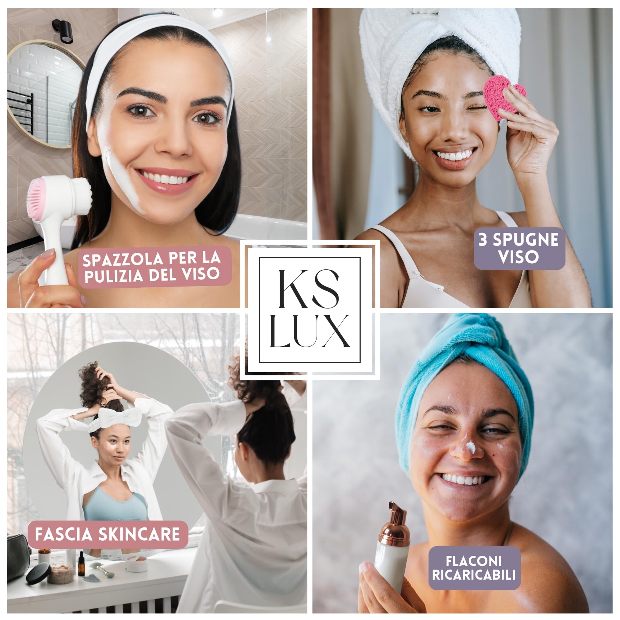Skin care kit viso, regali donna originali e utili, set skincare completo: fascia capelli skincare, flaconi da viaggio, spazzola pulizia viso, 3 spugnette pulizia, rullo sebo.