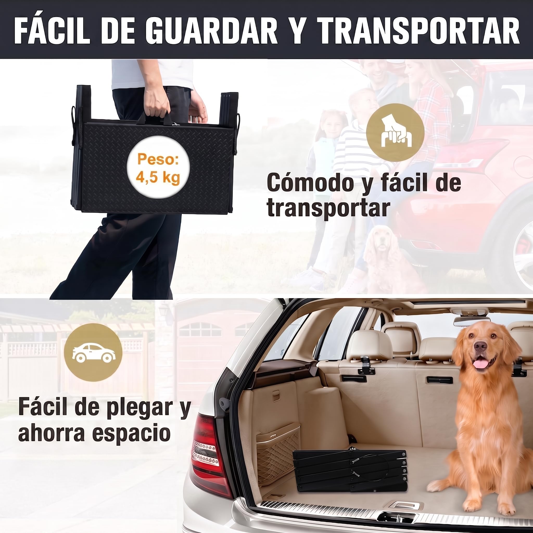 Niubya Escalera Plegable para Perros para Coche, SUV, Camión – 6 Peldaños, Antideslizante, Soporta hasta 113 kg, Ancha (43 cm) – Ideal para Perros Grandes, Mayores o con Problemas de Movilidad