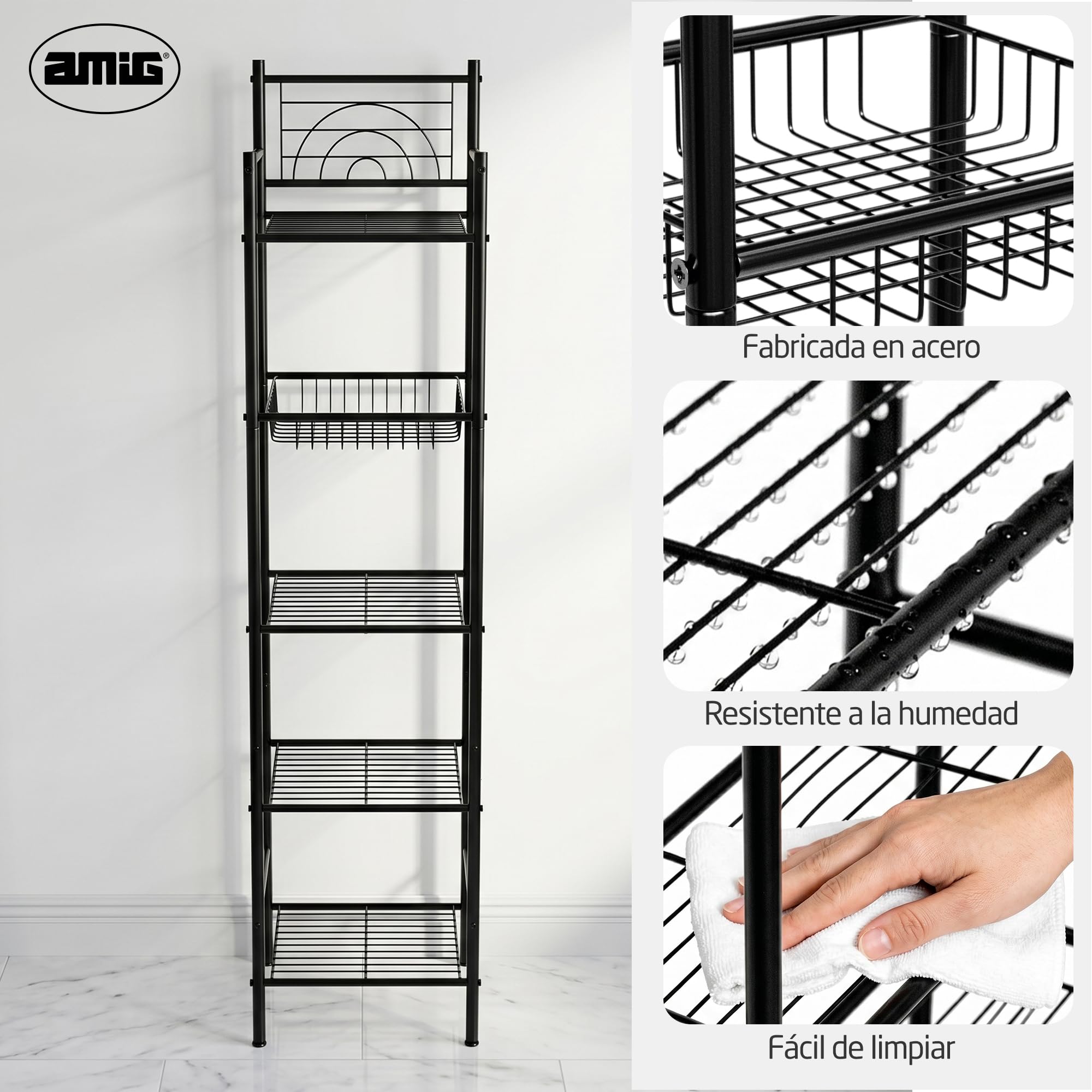 Amig - Estantería de baño Mod. ORIA - 5 Alturas - Fabricado en Acero - Color Negro Mate - con Patas Ajustables - para Espacios pequeños - 34 x 30 x 150 cm