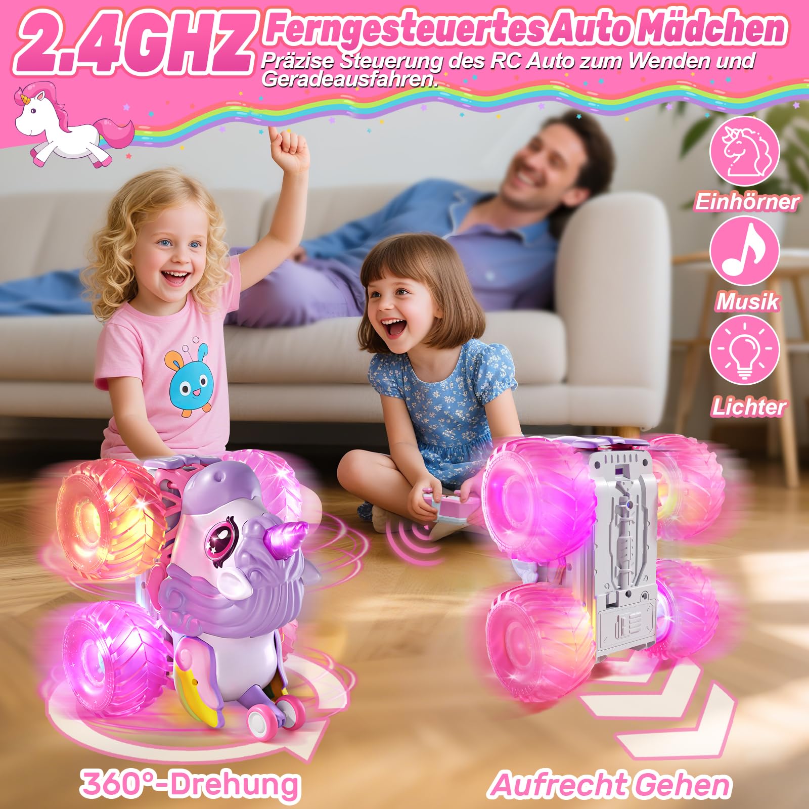 Remote Controlled Car Girls from 3 4 5 6 Years, 1/20 Unicorn Monster Truck Remote Controlled with Music and Light - Image 3