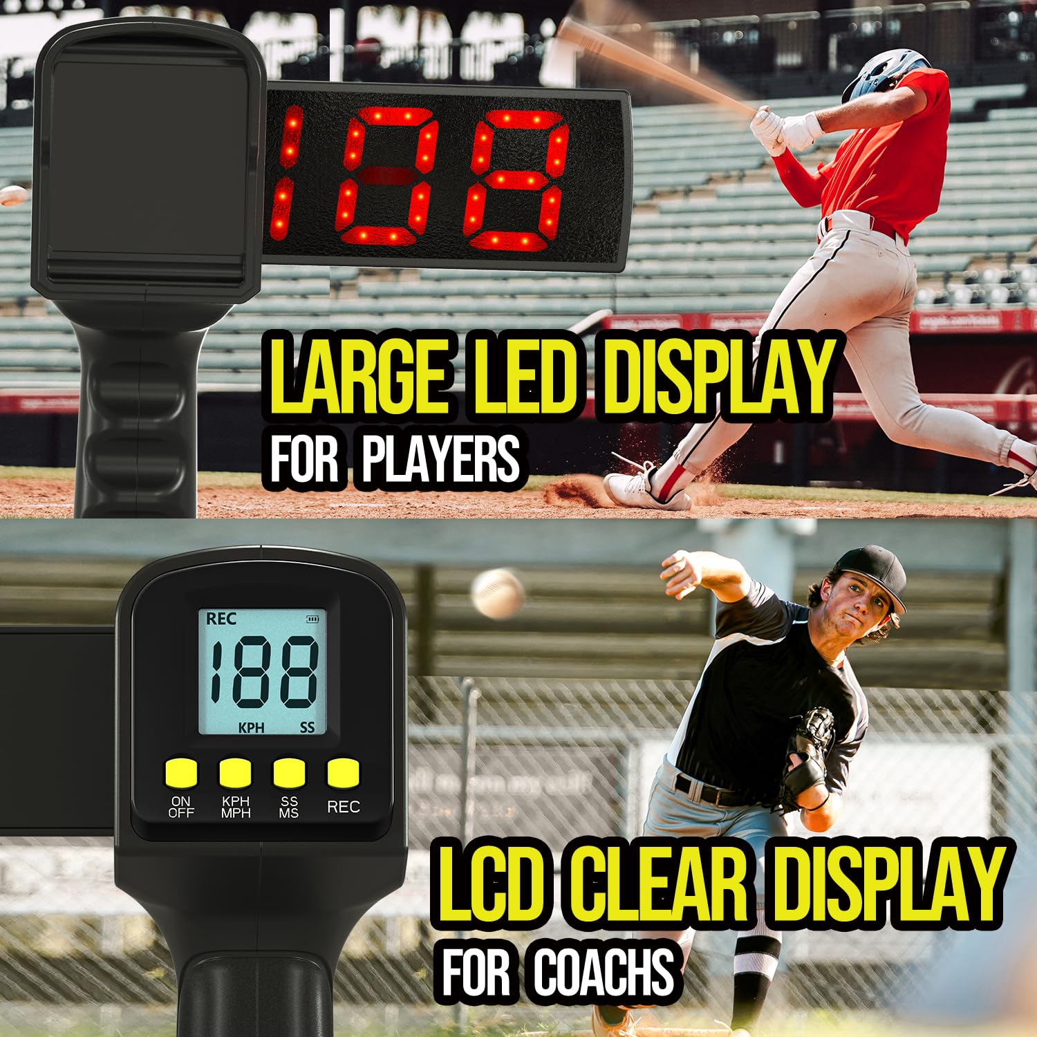 Pistolet radarowy do baseballu – dokładne czujniki prędkości, sprzęt do treningu prędkości baseballu z podwójnym wyświetlaczem LED i LCD, ręczny lub ręczny pistolet radarowy dla wszystkich