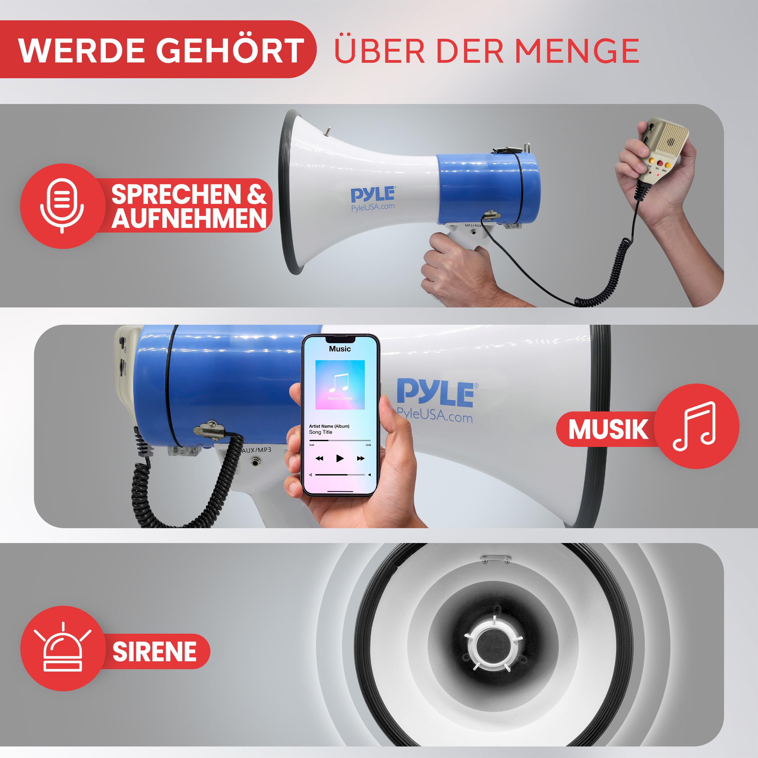 Pyle Megaphon mit Sirene, Signalhorn– Siren Megaphone– Megafon mit Aufnahmefunktion & Aufladbare Batterie, Handsirene als Polizei Sirene, Fußball Hupe Tröten zum Anfeuern, Megafon Kinder & Erwachsene
