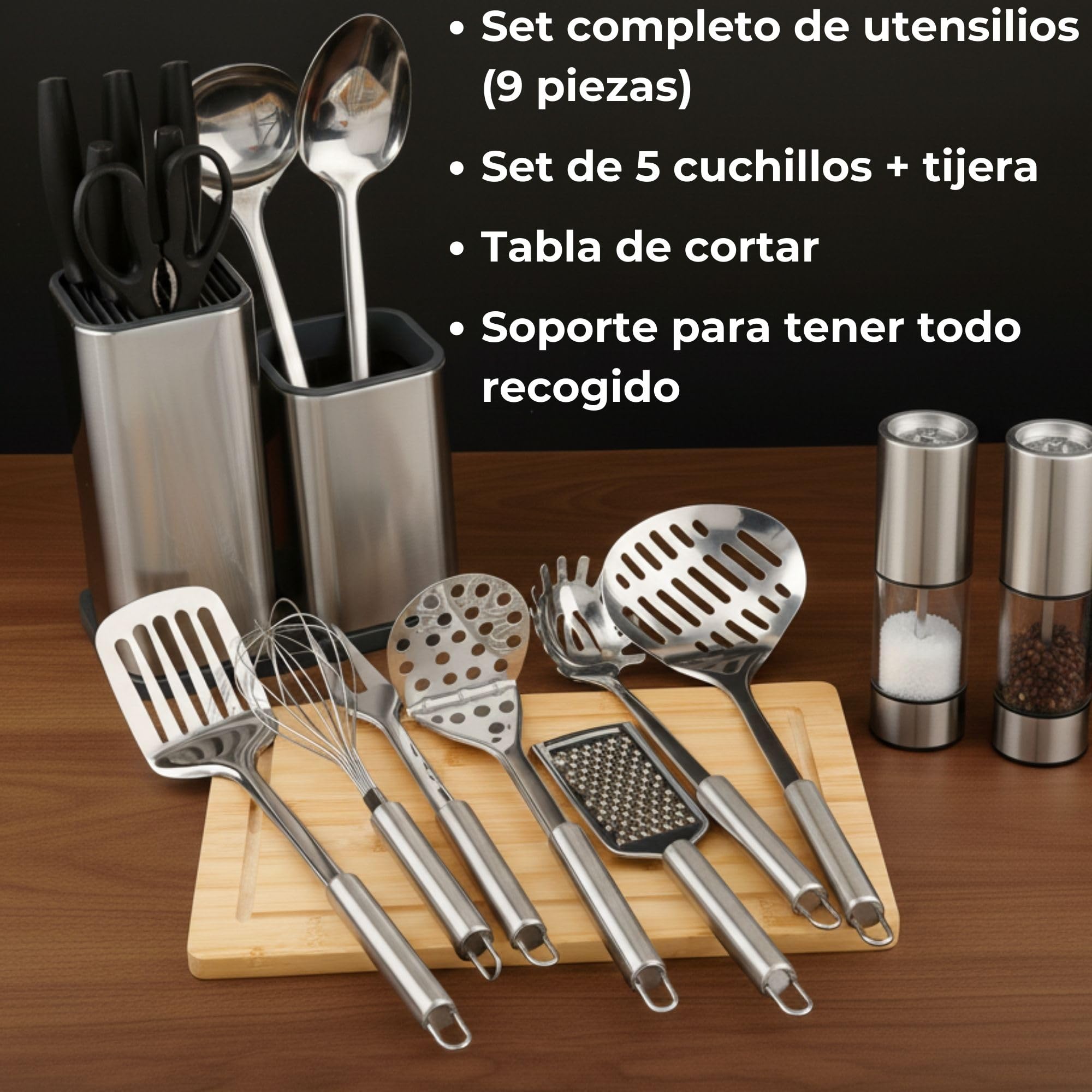 Juego completo de utensilios de cocina acero inoxidable de 17 piezas con Cuchillos Utensilios Tabla y Soporte incluidos Utensilios cocina inox Accesorios cocina Cooking utensils set
