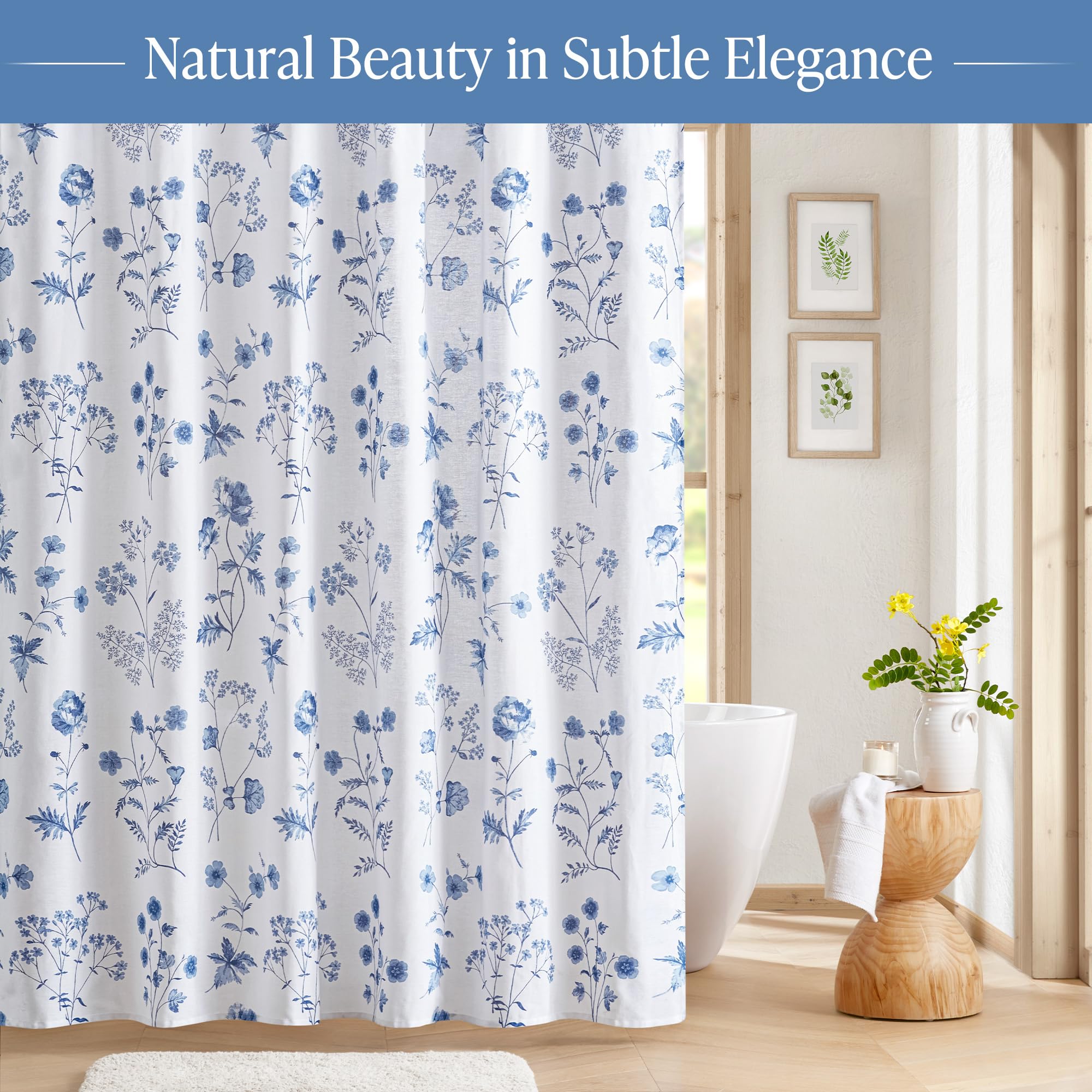 Martha Stewart Martha's Garden Shower Curtain Botanical Floral Print Cotton Shower Curtain for Bathroom, Spa Quality Modern Shower Curtains Standard Size, 72x72 Blue