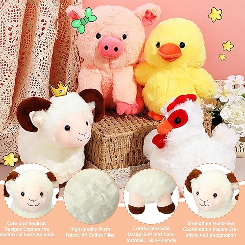 Miniatura 3 de Juego de 7 animales de peluche de granja de 8 pulgadas, animales de peluche de granero de 8 pulgadas, a granel, gallo, caballo, pato, oveja, vaca,