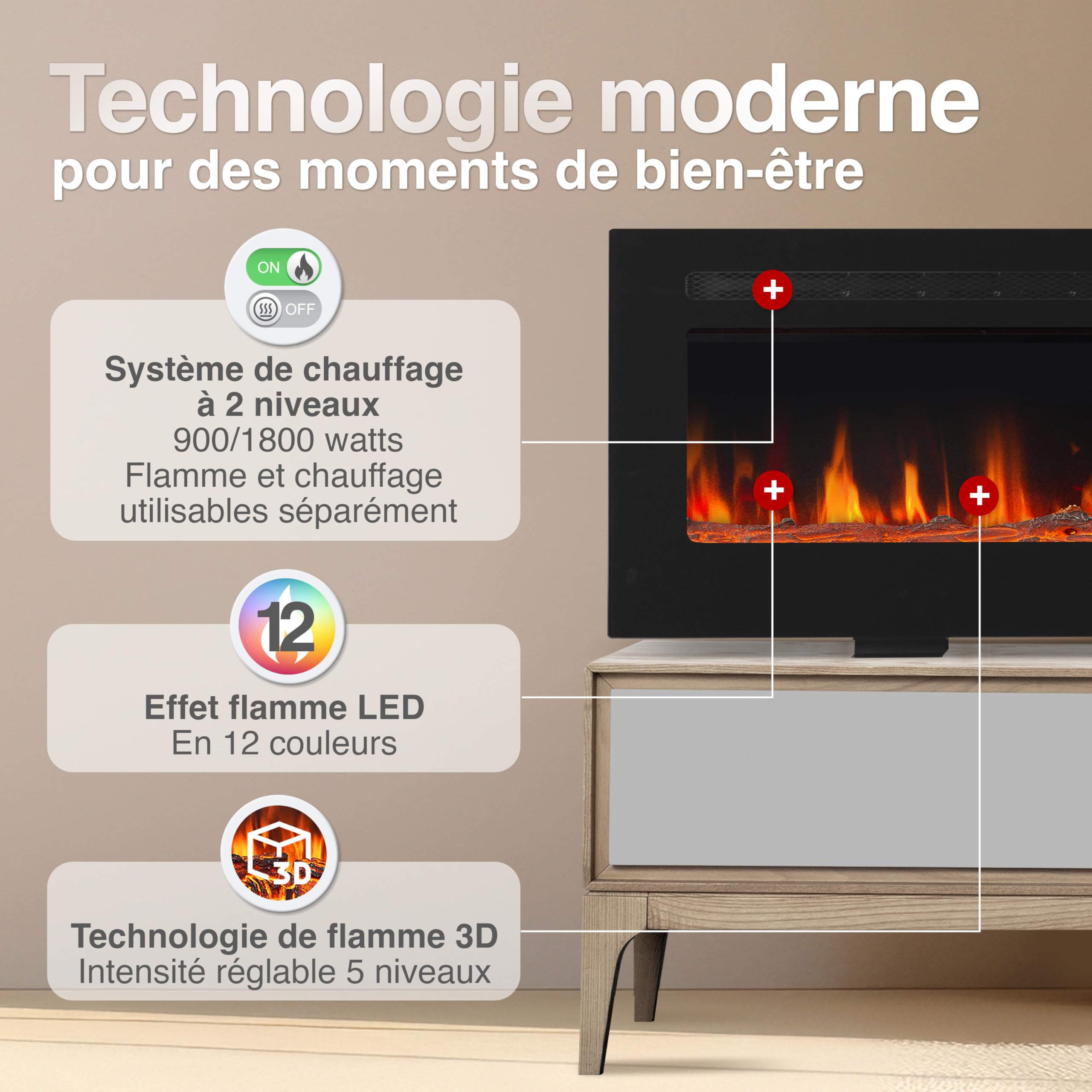KAMINIO Cheminée Electrique Marlon - Cheminée Électrique 3-en-1 avec Chauffage, Effet de Flamme 3D, 12 Couleurs de Flammes, télécommande (70 Pouces) - 3