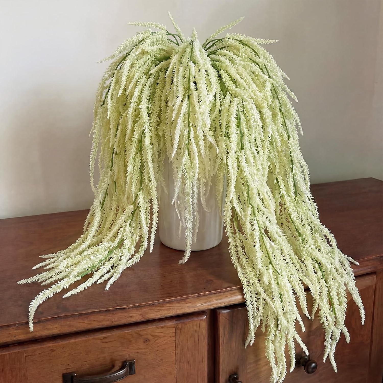 suncalla 12 pcs amaranthus artificial flower hanging amaranthus faux string of pearls plant wall hanging decor for wedding floral arrangement home garden party supplies (beige,24 inch) beige 24 inch 12