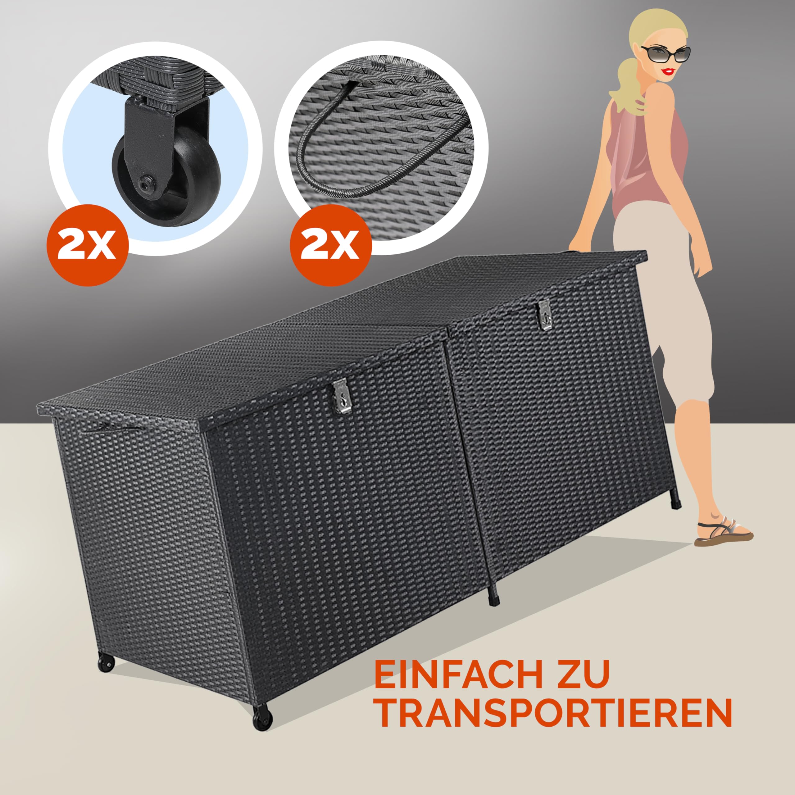 Casaria® Gartenbox XXL Polyrattan Wetterfest 625L UV-beständig Griffe Rollen Gasdruckfeder Garten Wintergarten Auflagenbox Kissenbox 150x77cm Schwarz
