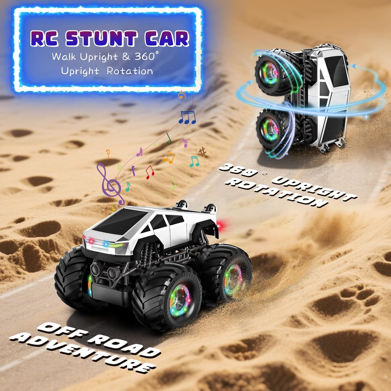 Remote Control Car, 1:18 Monster Truck Toys for Boys, 360° Rotating RC Trucks, 4WD RC Stunt Cars with Light and Music, 2.4 GHz, Rechargeable, Various Terrain, Christmas, Birthday Gift for Kid Age 3-10