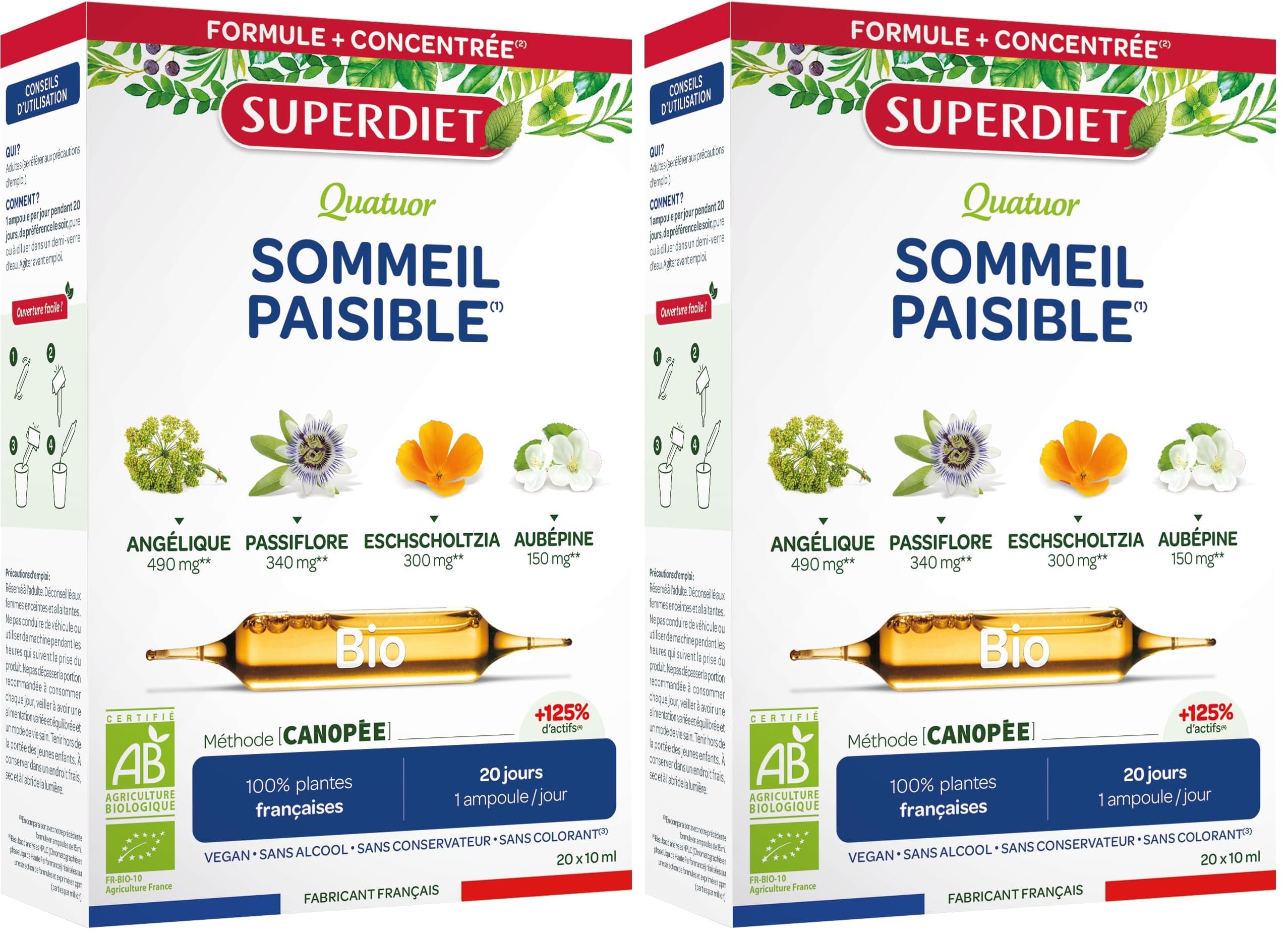 SuperDiet Quator Passiflore Aubépine Angélique Eschoscholzia 20 ampoules de 15ml soit 300ml - BIO (Lot de 2)