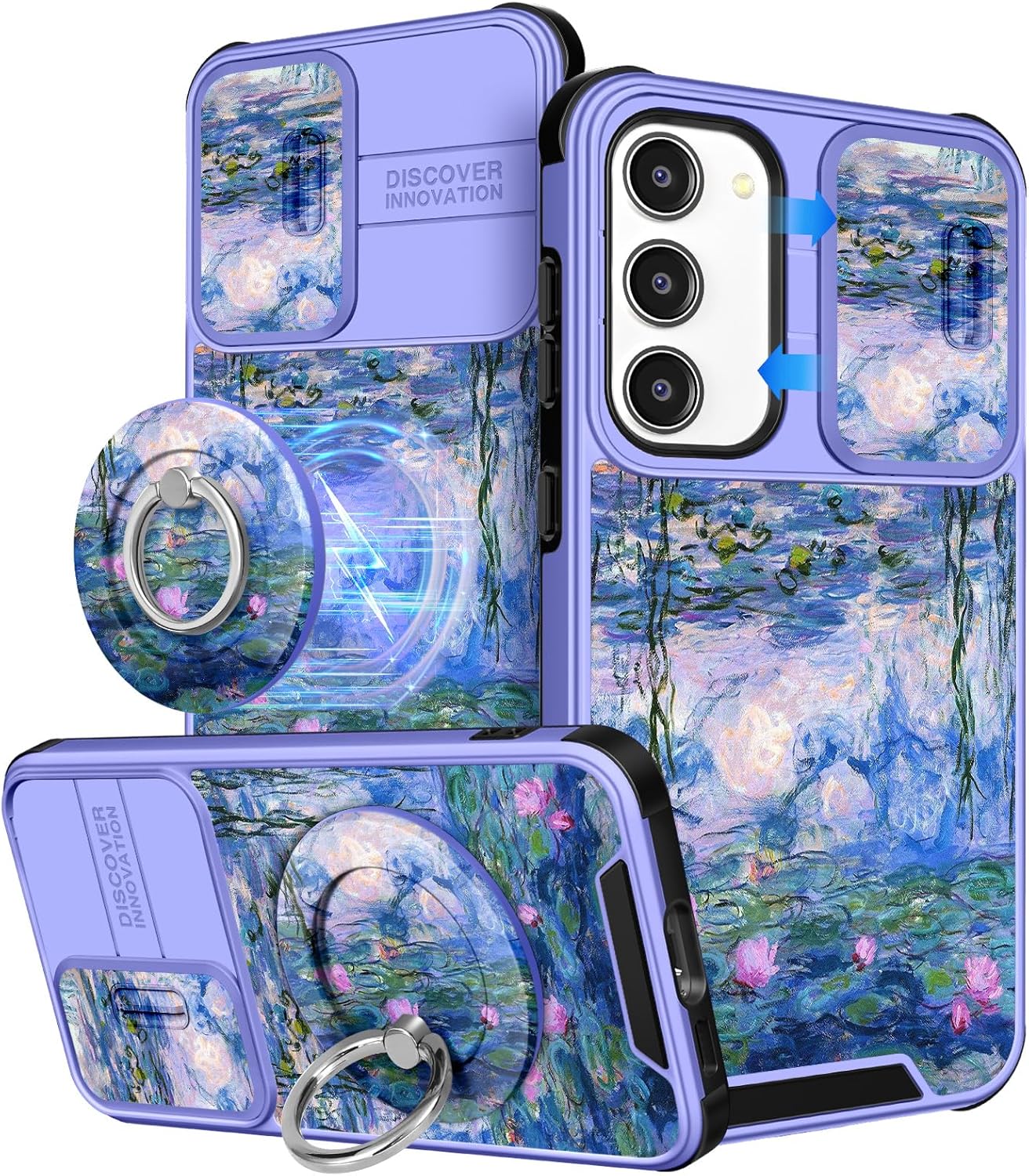 Buleens for Samsung Galaxy S23 Plus Case 6.6 Inch - with Ring Stand & Camera Cover Cute Designed for Women Girls Girly Pretty Blue Water Lily for Samsung S23 Plus Case Compatible with Magsafe