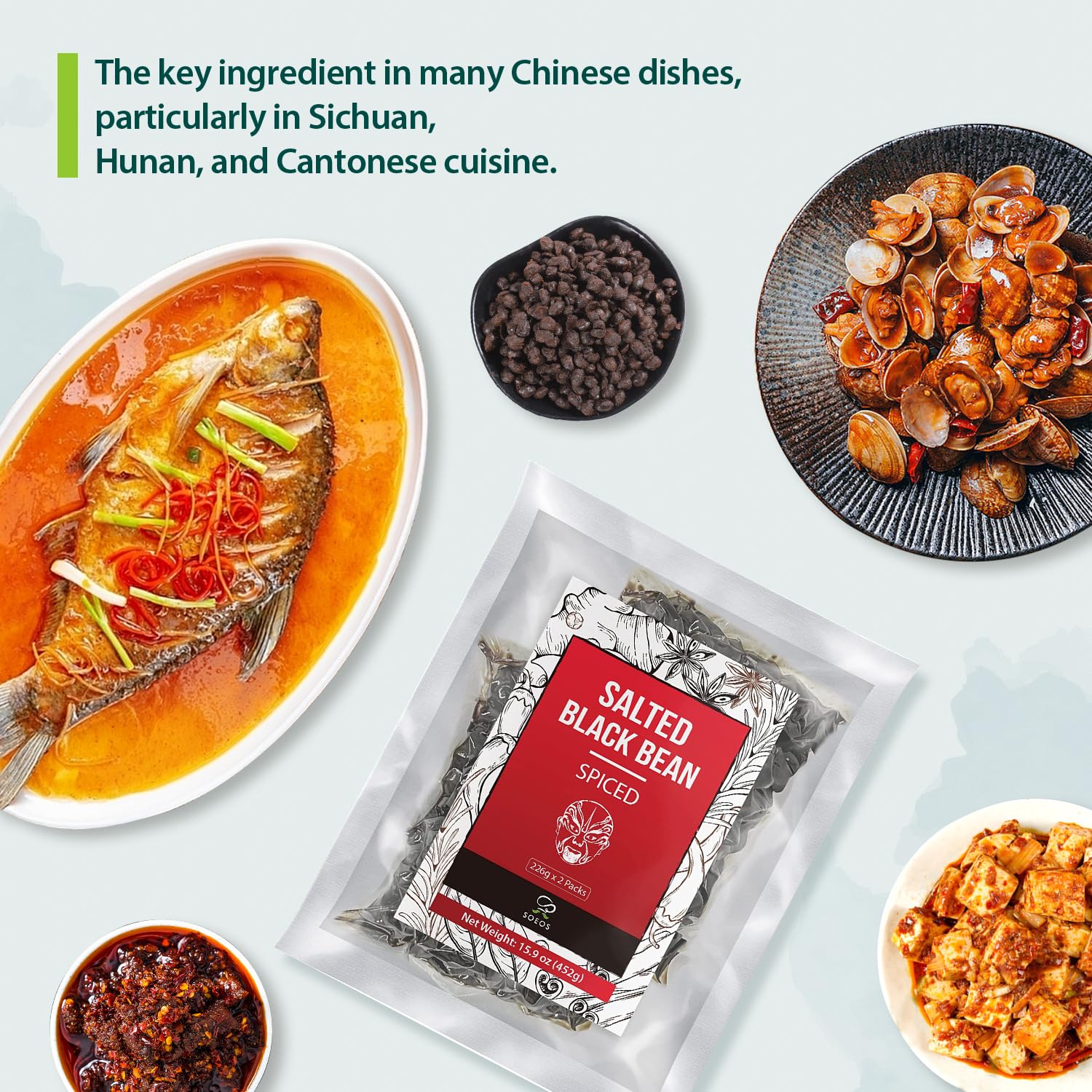 Soeos Salted Black Bean Spiced, 15.9 oz (226g*2 Pack), Chinese Fermented Black Beans, Flavor Enhancer for Stir-Fries, Stews, and Sauces, Rich Umami Flavor