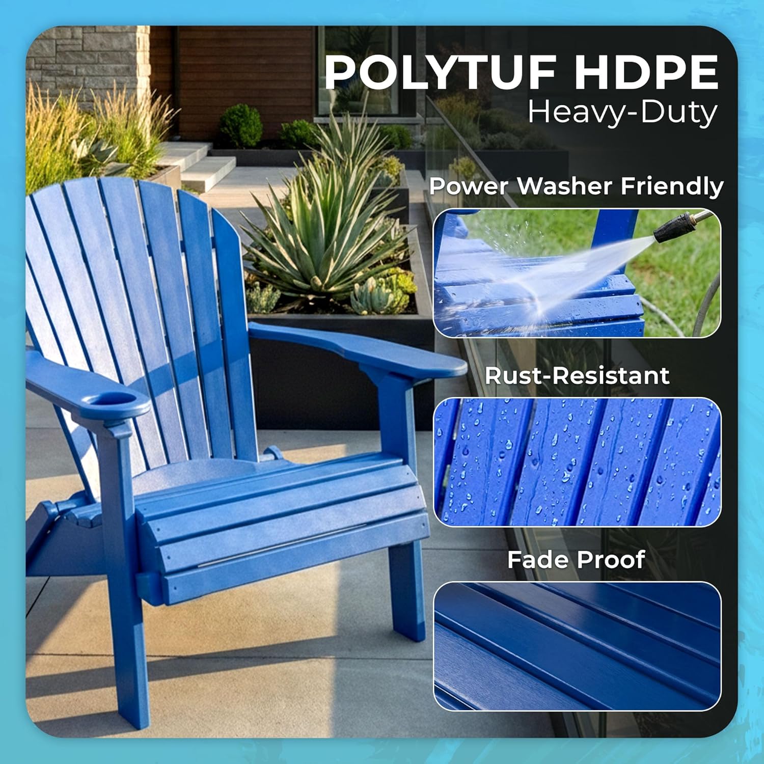 Ecommersify Folding Adirondack Chair with Cup Holder - (Blue) - Heavy Duty Recycled Poly Lumber Folding Chair - Amish Crafted Outdoor Furniture - Made in USA