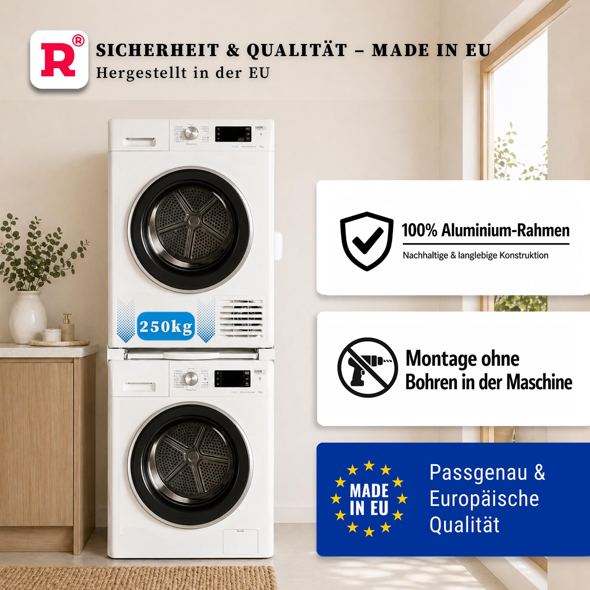 ROLLER Kappatos Premium Verbindungsrahmen mit Schublade, 250 kg Aluminium | Zwischenbaurahmen Waschmaschine Trockner, 60x60 cm, Stapelrahmen mit Ablage, Made in EU