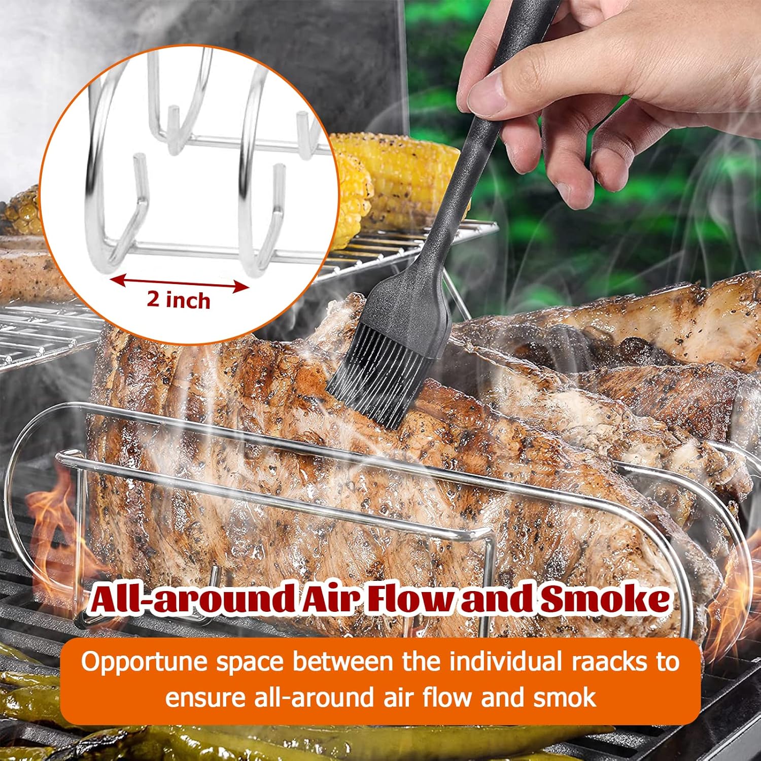 BBQ Rib Racks for Smoker and Grilling Roasting Rack 100% 304 Stainless Steel Food Grade,Holds 7 Ribs Rack for Grilling & Barbecuing for Large&XLarge Big Green Egg,Kamado Joe Classic,Big Joe