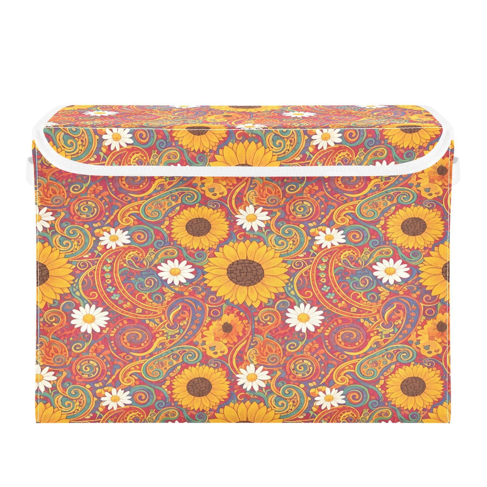 Cgiub Sunflowers Storage Bins with Lids Decorative Fabric Storage Boxes with Handles Closet Organiser Foldable Baby Basket for Nursery Bedroom Office