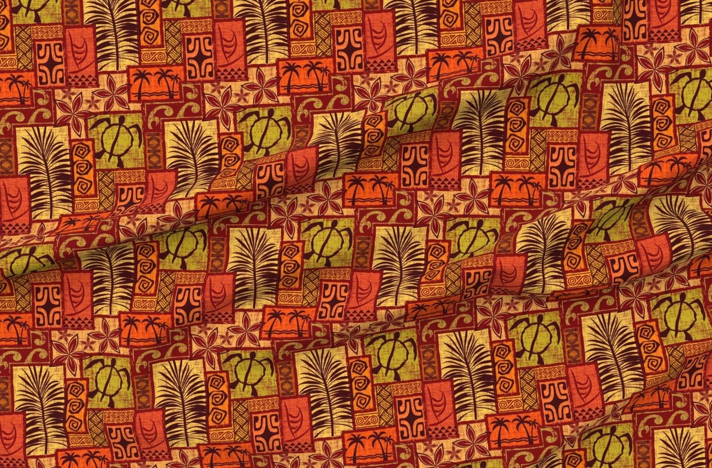 Spoonflower Fabric - Red Hawaiian Tiki Tropical Polynesian Turtle Floral Waves Palm Leaves Printed on Denim Fabric by The Yard - Bottomweight Apparel Home Decor Upholstery