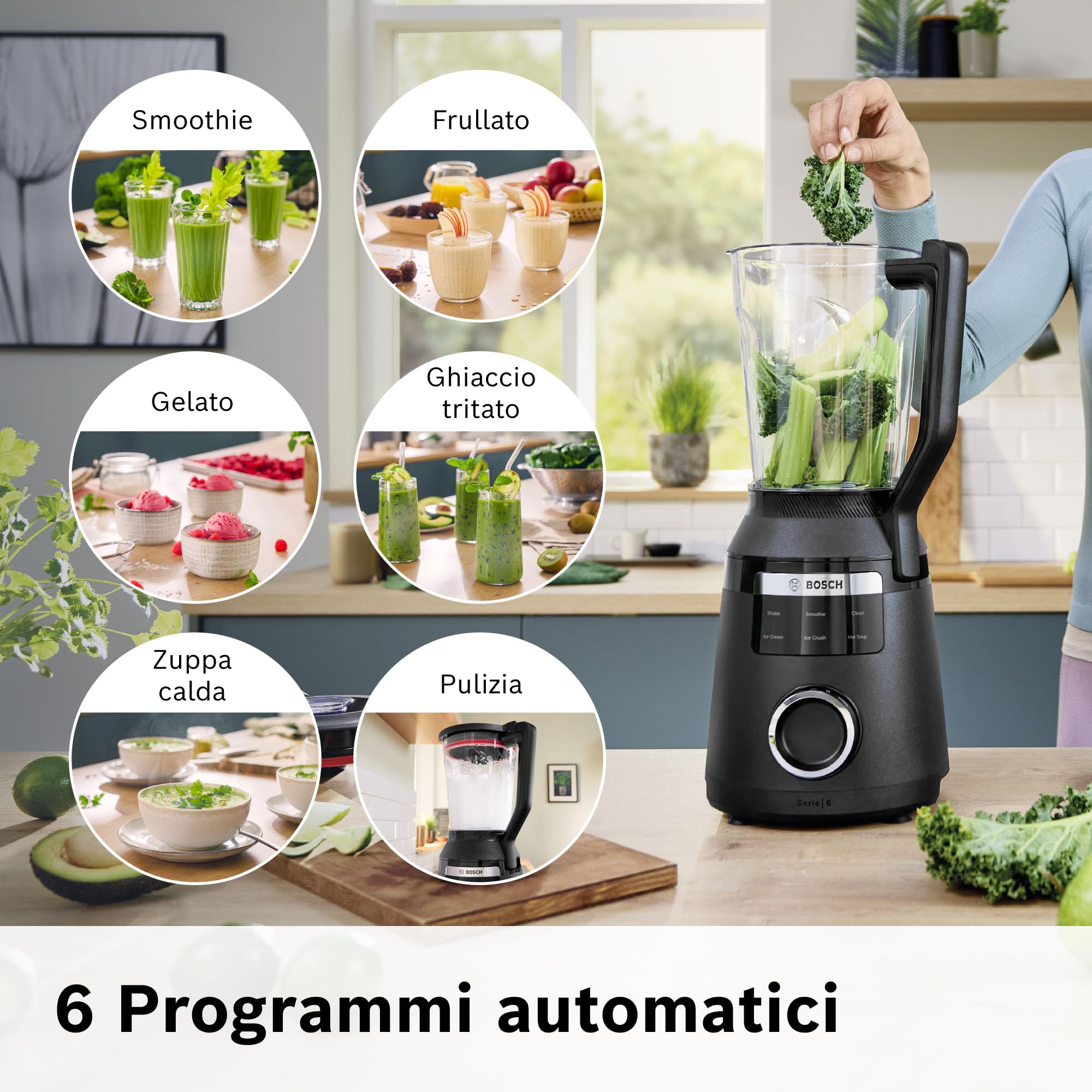 Bosch MMB6652B Frullatore, 1800 W, 6 Lame in Acciaio Inox, Caraffa 3L, Nero | Frullatore VitaPower Serie 6, Potente, 45.000 giri al min, 6 Programmi Automatici, Pulizia Automatica, Made in Europe