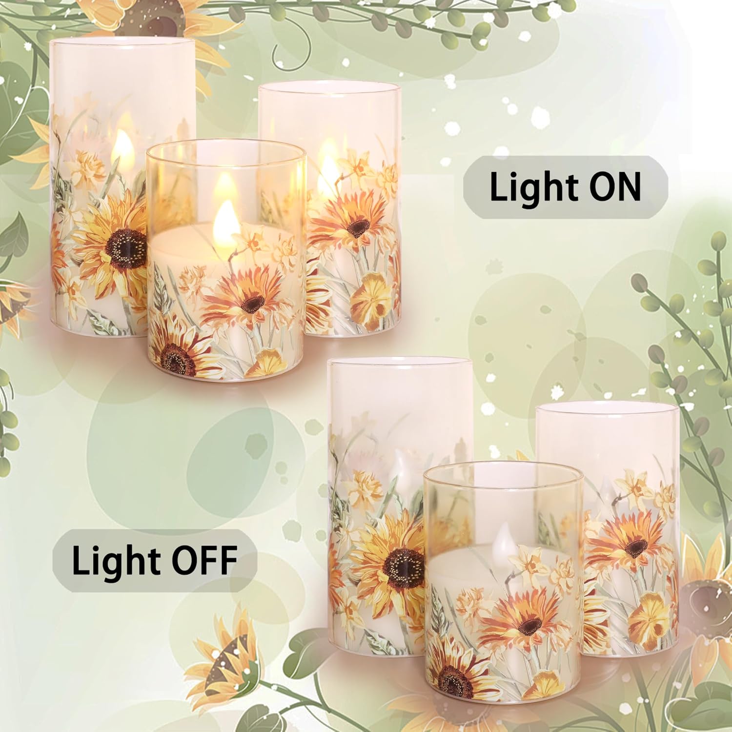 Sunflower Glass Flameless Candles Remote Timer Battery Operated Flickering LED Pillar Candle Spring Summer Decoration Gifts for Women Mom Mothers Day Birthday, Set of 3