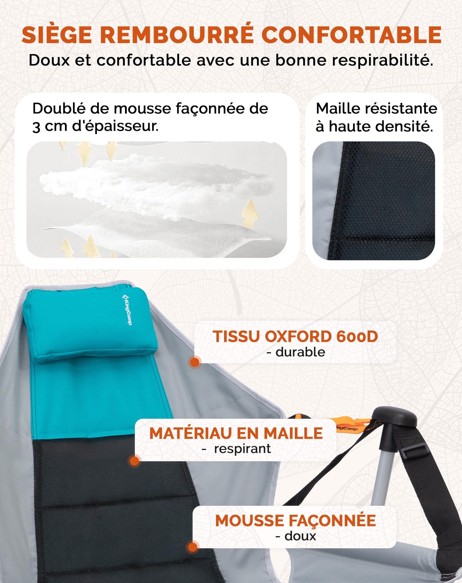 KingCamp Chaise de Camping à Bascule avec Repose-Pieds Pliable Cyan | Dossier Réglable 90–130°, Jusqu'à 180 kg, Cadre en Aluminium, Appui-Tête, Porte-Gobelet pour Camping et Jardin