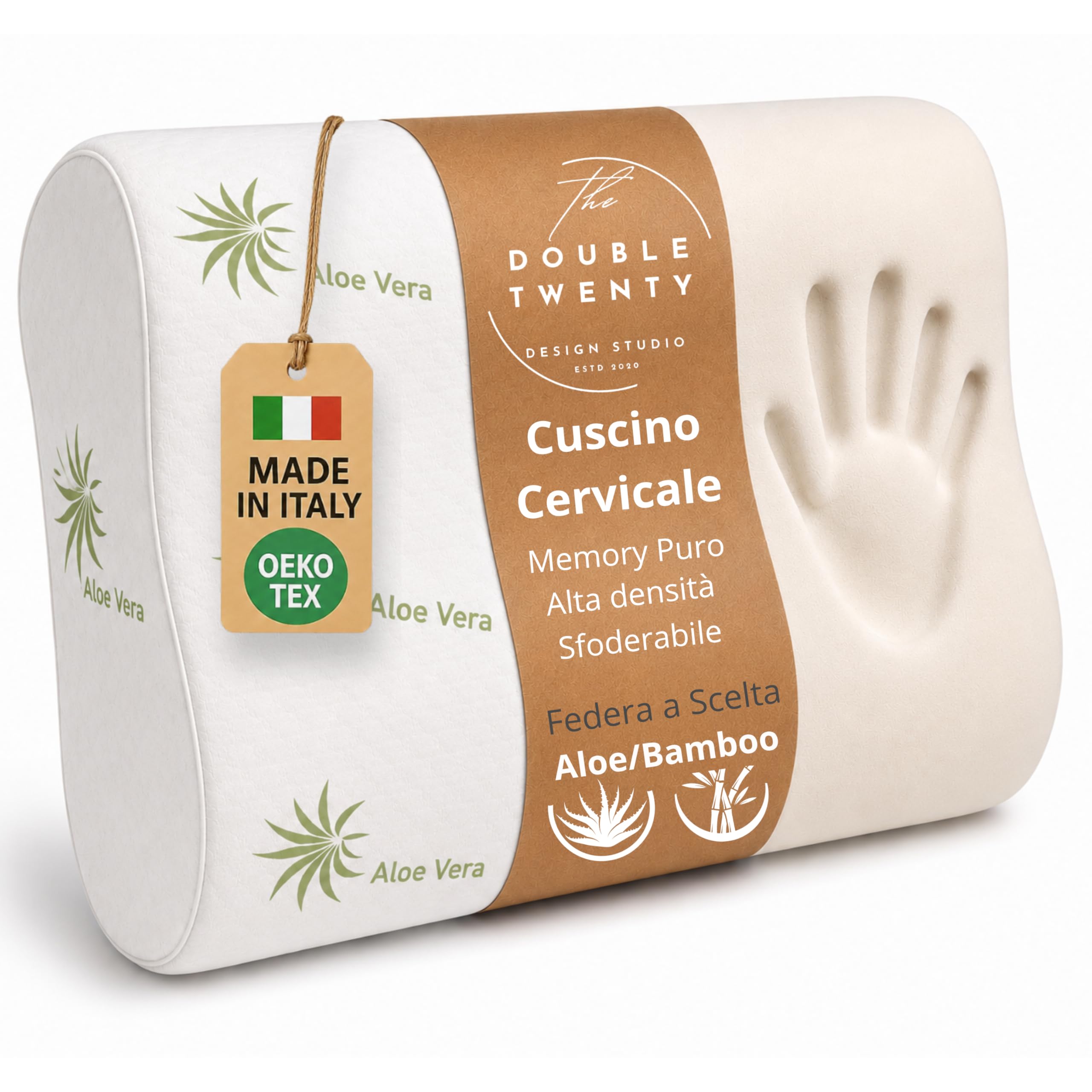 The Double Twenty Cuscino Cervicale per Dormire a Doppia Onda Elevato Supporto Collo - Guanciale Memory Foam Federa Lavabile in Aloe Vera - Cuscino Memory Foam Made in Italy Certificato Oeko Tex