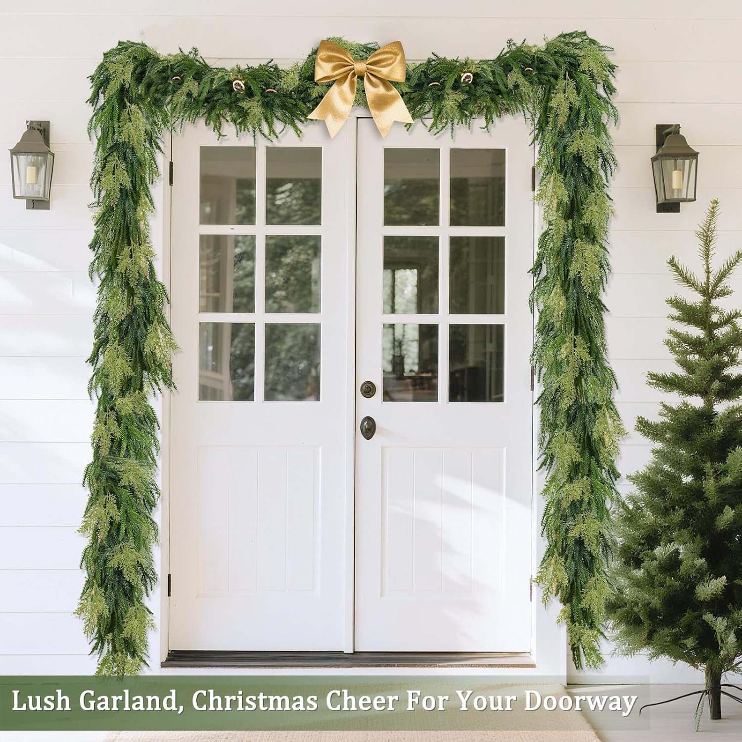 Extra Thick&Lush - 6Ft by 12 Inch Artificial Garland Norfolk Pine Garland, Real Touch Cedar Garland, Realistic Soft 120 Branch Tips Pine&Cedar Faux Greenery Cypress Garlands for Mantle Outdoor Indoor