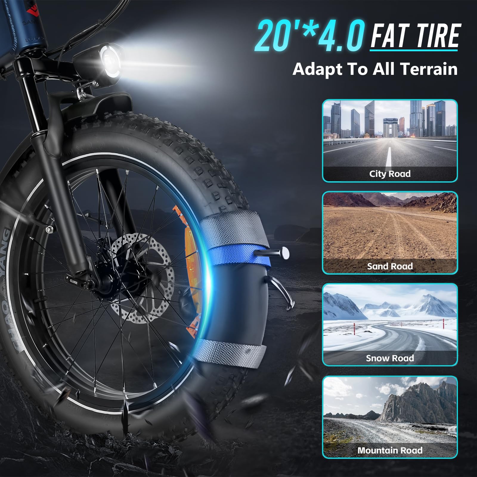 SAMEBIKE Bicicleta eléctrica Adulto A02Pro 100km autonomía 20"x4" Fat Bike electrica Plegable 48V 15Ah Batería Intercambiable Suspensión Delantera Bicicletas para IR al Trabajo de 7 velocidades