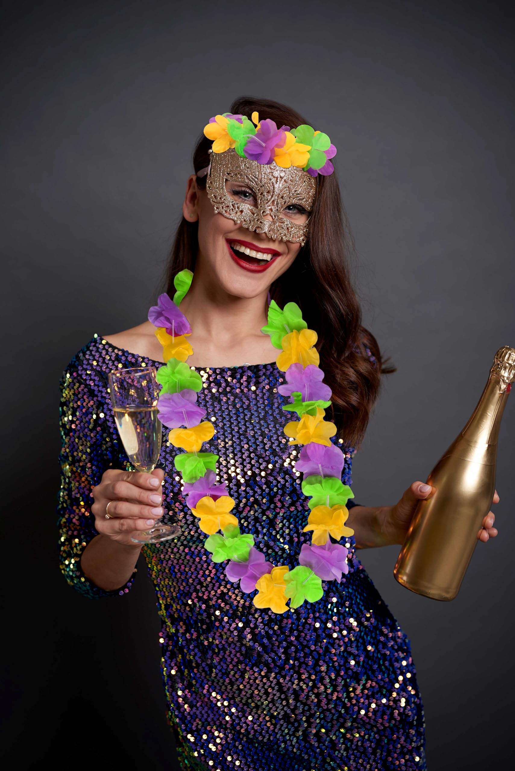 52Pcs Mardi Gras Leis Hawaiian Throws Decorations - Flower Necklaces Headbands Bulk for Parade Party Favors Supplies