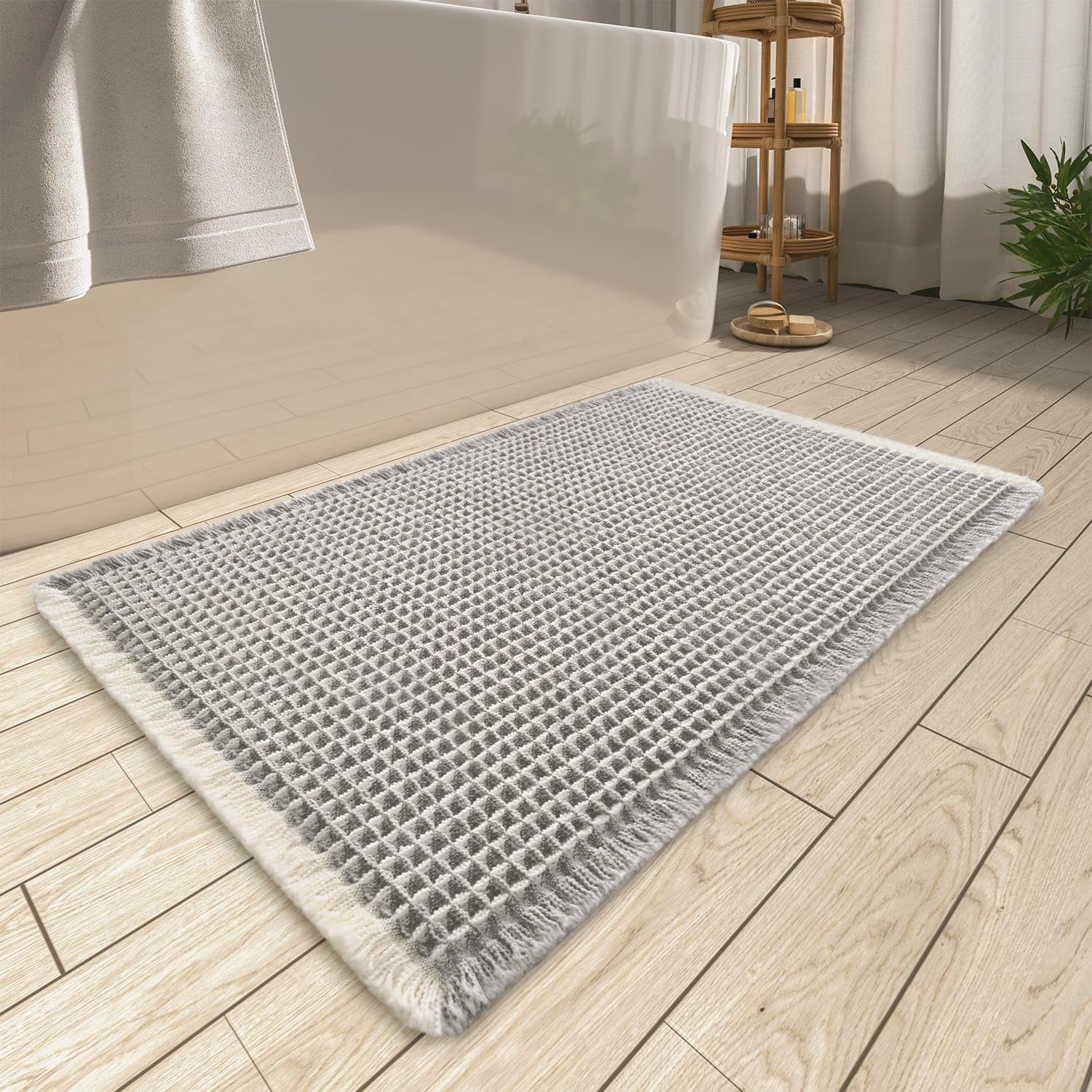 Upgraded Waffle Bath Mat, Super Absorbent Non Slip Bath Mats for Bathroom Floor, Machine Washable Bathroom Rugs with Tassels, Rubber Backed Bathroom