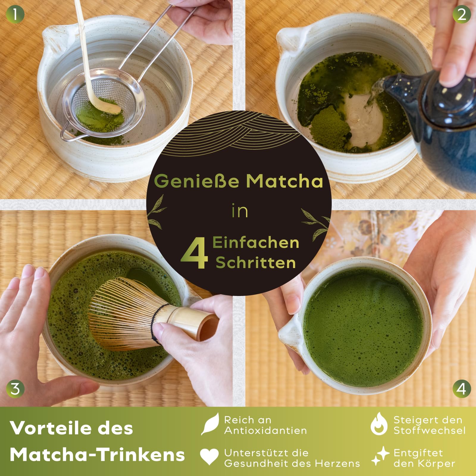 HIBINO Japanisches Matcha Set – Matcha Schale mit Ausguss, Matcha Besen & Halter, Bambus Löffel & Edelstahl-Sieb – 5-teilig – Traditionelles Matcha Kit – Design aus Japan – „Rustikales Beige“