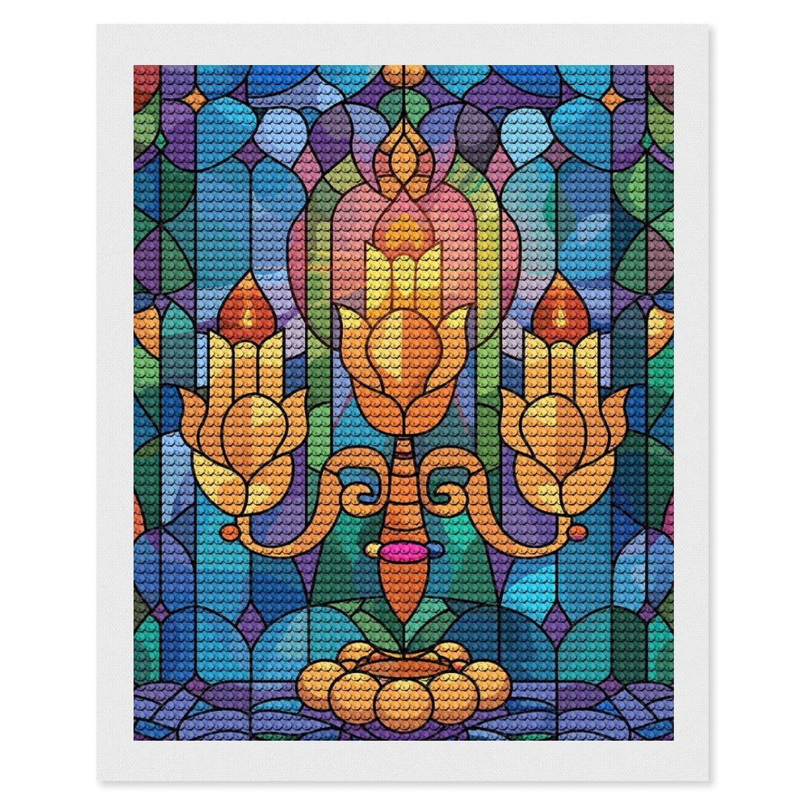 Junmoney Stained Glass Candelabra with Flames DIY Diamond Art Canvas Kit 16"x20", for Teens, Aesthetic Room Decor, Farmhouse Decor, Canvas Picture, Birthday Gift