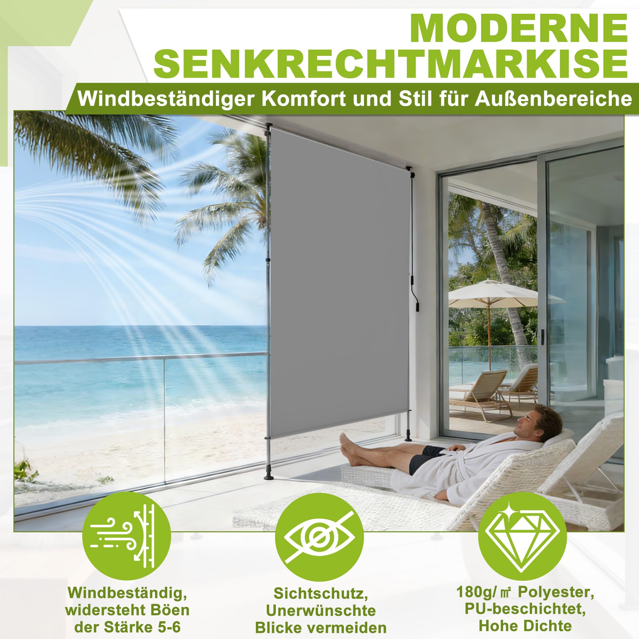 YRHome Klemmmarkise 200x310cm Vertikalmarkise Wasserfest & UV-Schutz Senkrechtmarkise mit Handkurbel ohne Bohren Sichtschutz Ausziehbar Seitenmarkise für Garten Terrasse Balkon - Hellgrau