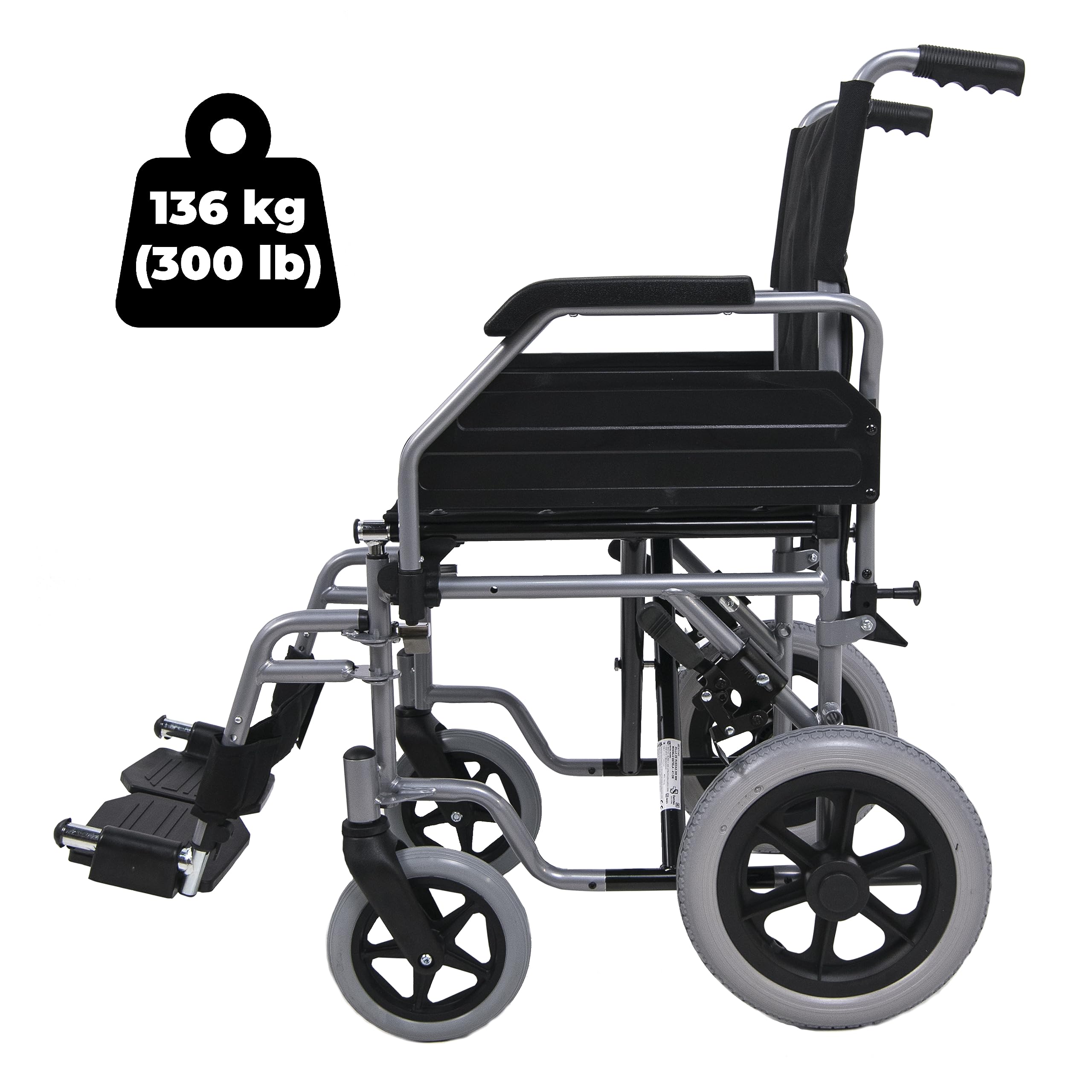 SANITEC - Silla de Ruedas de Acero Ligero para Minusválidos, Plegable, Resistente, 136 Kg, Freno manual, Reposapiés y Reposabrazos abatibles y extraíbles. Ortopedia y Ayudas Técnicas