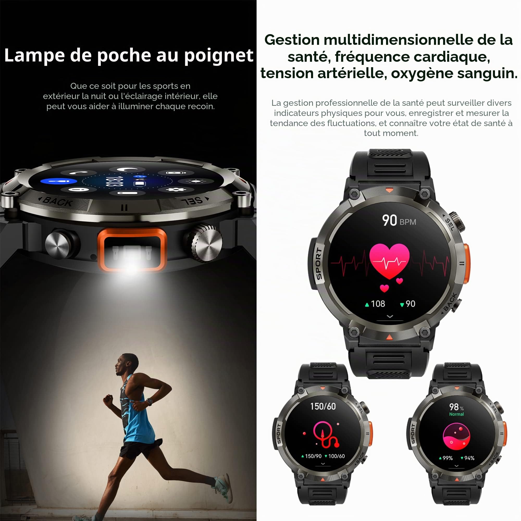 Montre Connectée Homme avec Appels Bluetooth, 1,45'' Smartwatch avec 100+ Modes Sportifs/Torche/SpO2/Lecteur de Musique/Fréquence Cardiaque/Sommeil/ SpO2 pour Android iOS