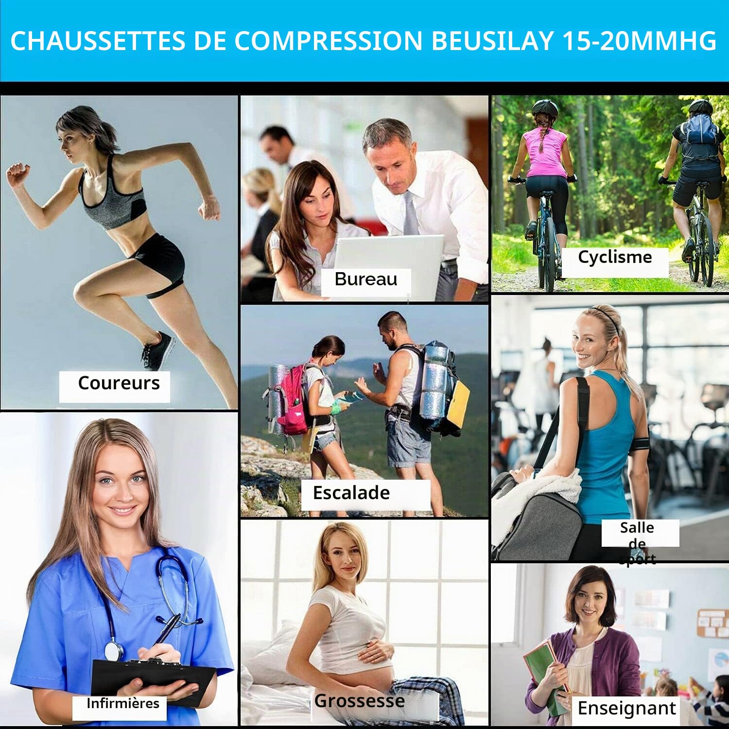 8 Paires Bas de Contention Femme Homme Chaussettes de Compression (15-20 mmHg) Chaussettes de Contention pour sport Vols Voyages Infirmiere course cyclisme