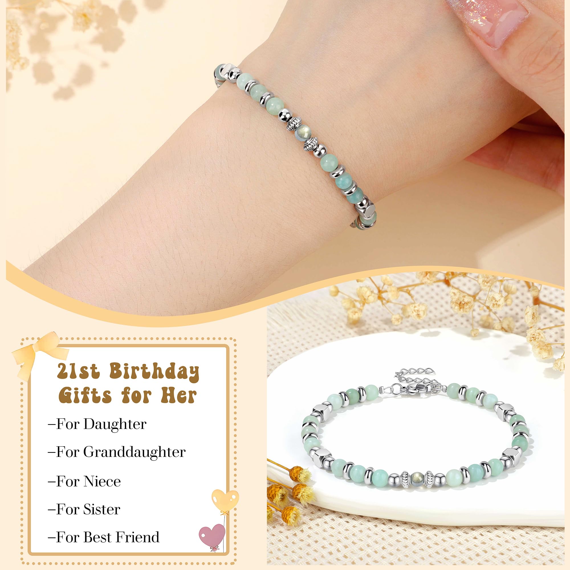 JoycuFF 𝗕𝗶𝗿𝘁𝗵𝗱𝗮𝘆 𝗚𝗶𝗳𝘁𝘀 𝗳𝗼𝗿 𝗪𝗼𝗺𝗲𝗻 Amazonite Moonstone Bracelet, Happy Birthday Present Love Protection Strength Confidence Meaningful Bracelets for Women