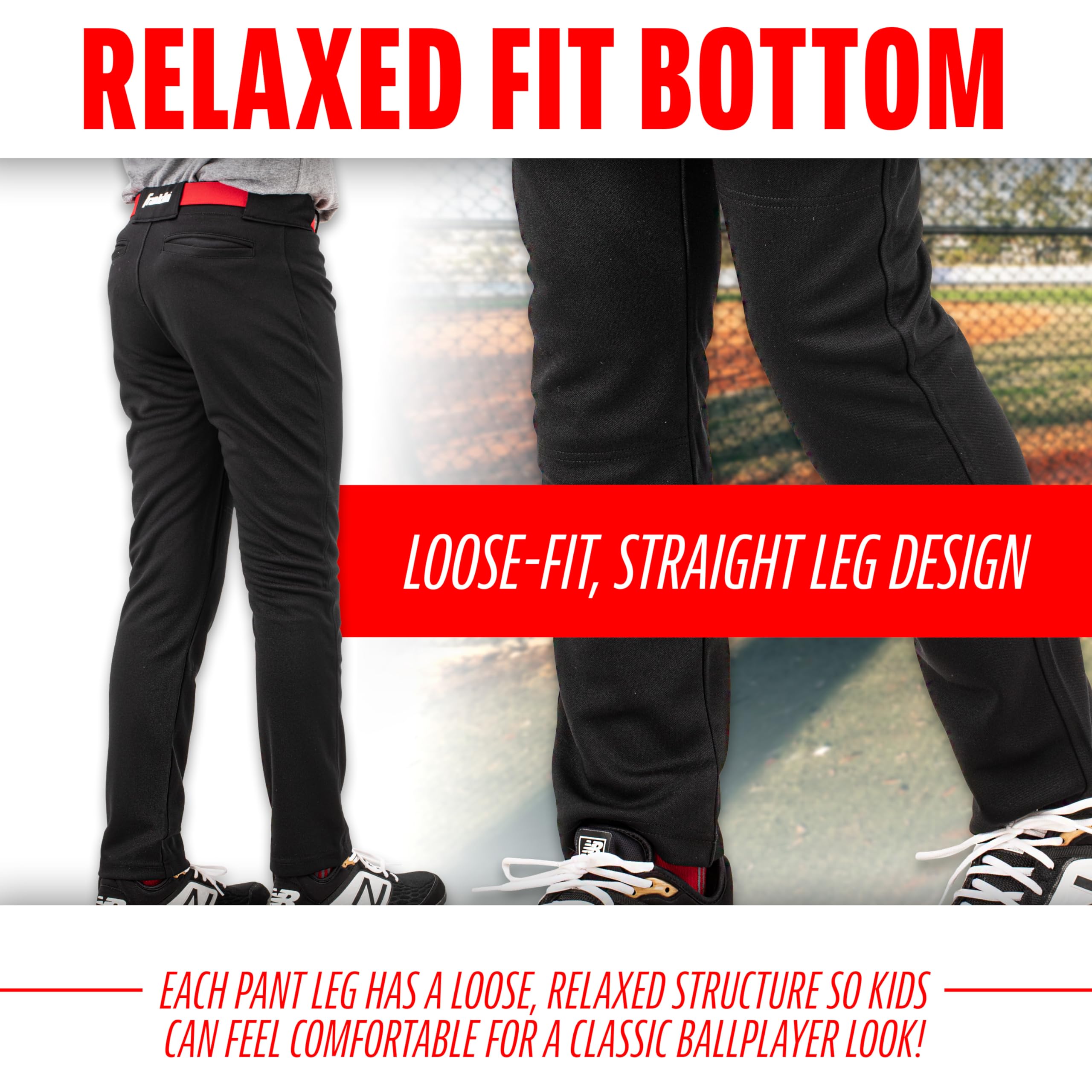 Franklin Sports Youth Baseball + Softball Pants - Relaxed Black Baseball Pants for Kids - Boys + Girls Relaxed Style Baseball + Softball Pants with Belt Loop - Black - Youth Medium