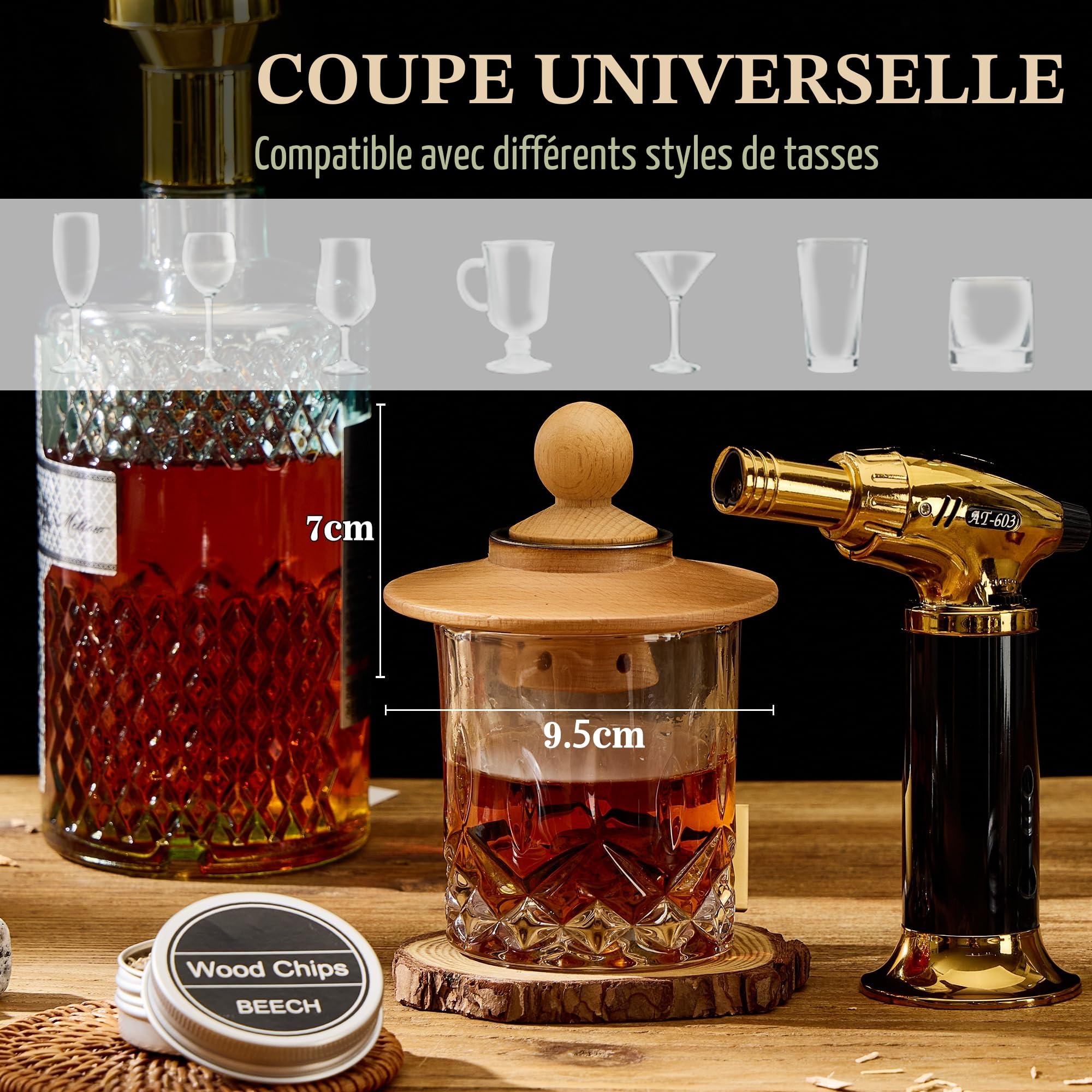 Kit Fumoir à Cocktail pour Whisky avec Torche Sans Gaz et 4 Pierres | Cadeau original pour homme avec 6 copeaux naturels pour whisky, bourbon et cocktails fumés