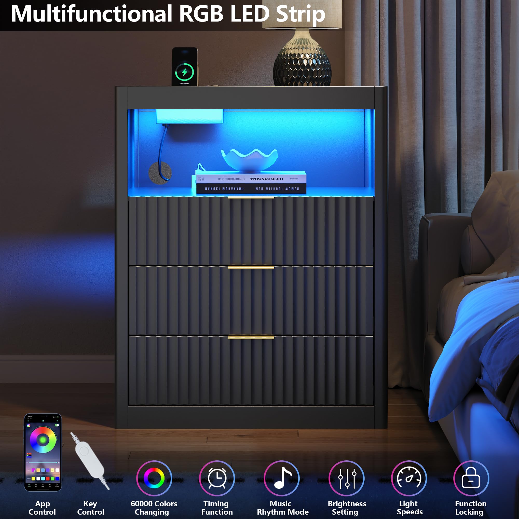 Extra große Nachttische mit Ladestation und LED-Beleuchtung, 75 x 60 x 40 cm Nachttisch mit 3 Schubladen und offenem Fach, Beistelltisch mit 2 USB-Anschlüsse für das Schlafzimmer (1)