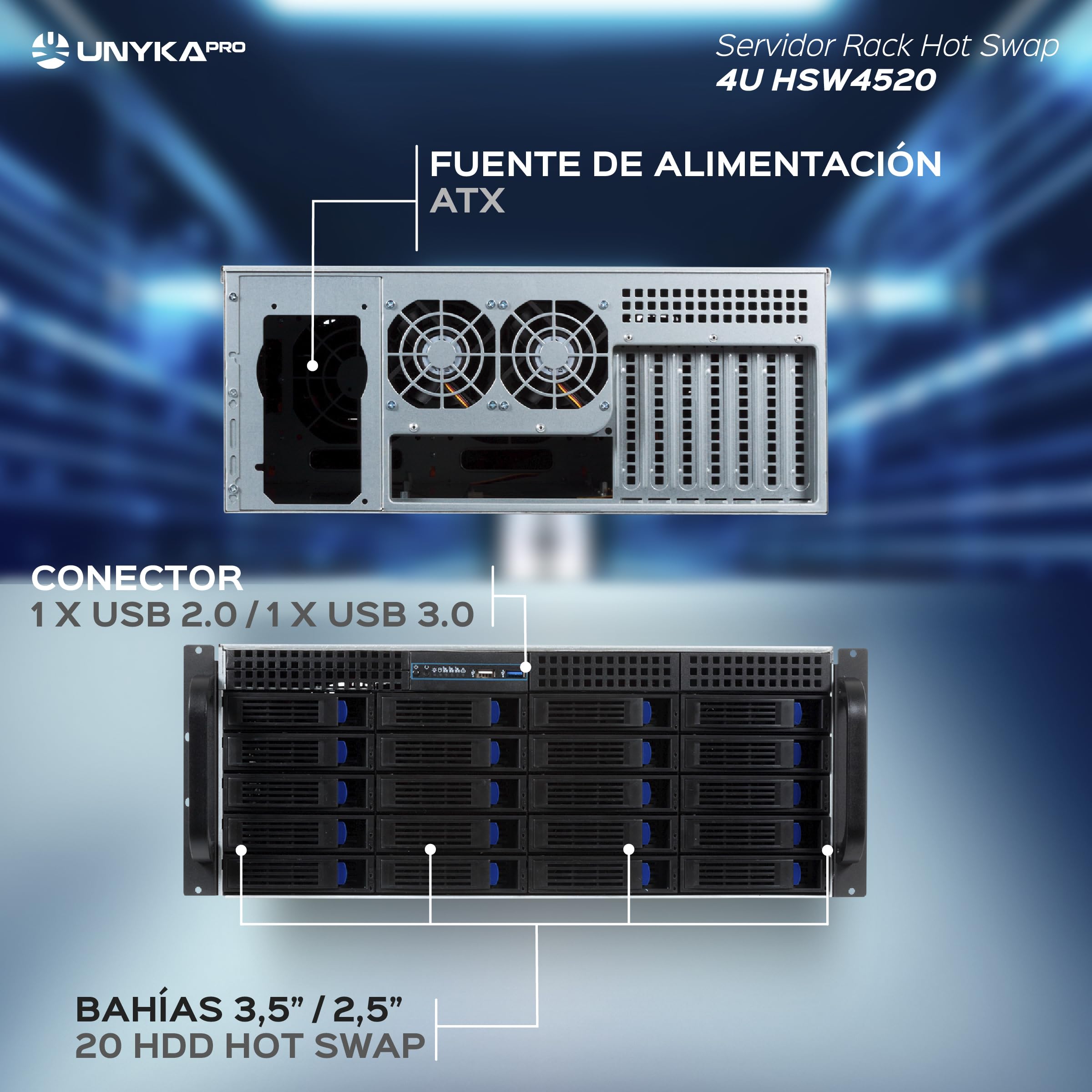 UNYKAch Chasis Rack Hot Swap HSW4520 (Sustitución de Bahías en Caliente) 4U ATX, 20 Bahías, para Discos de 3,5″ o 2.5”, 3 Ventiladores de 120 mm y 2 de 80 mm, 1 USB 2.0 y 1 USB 3.0