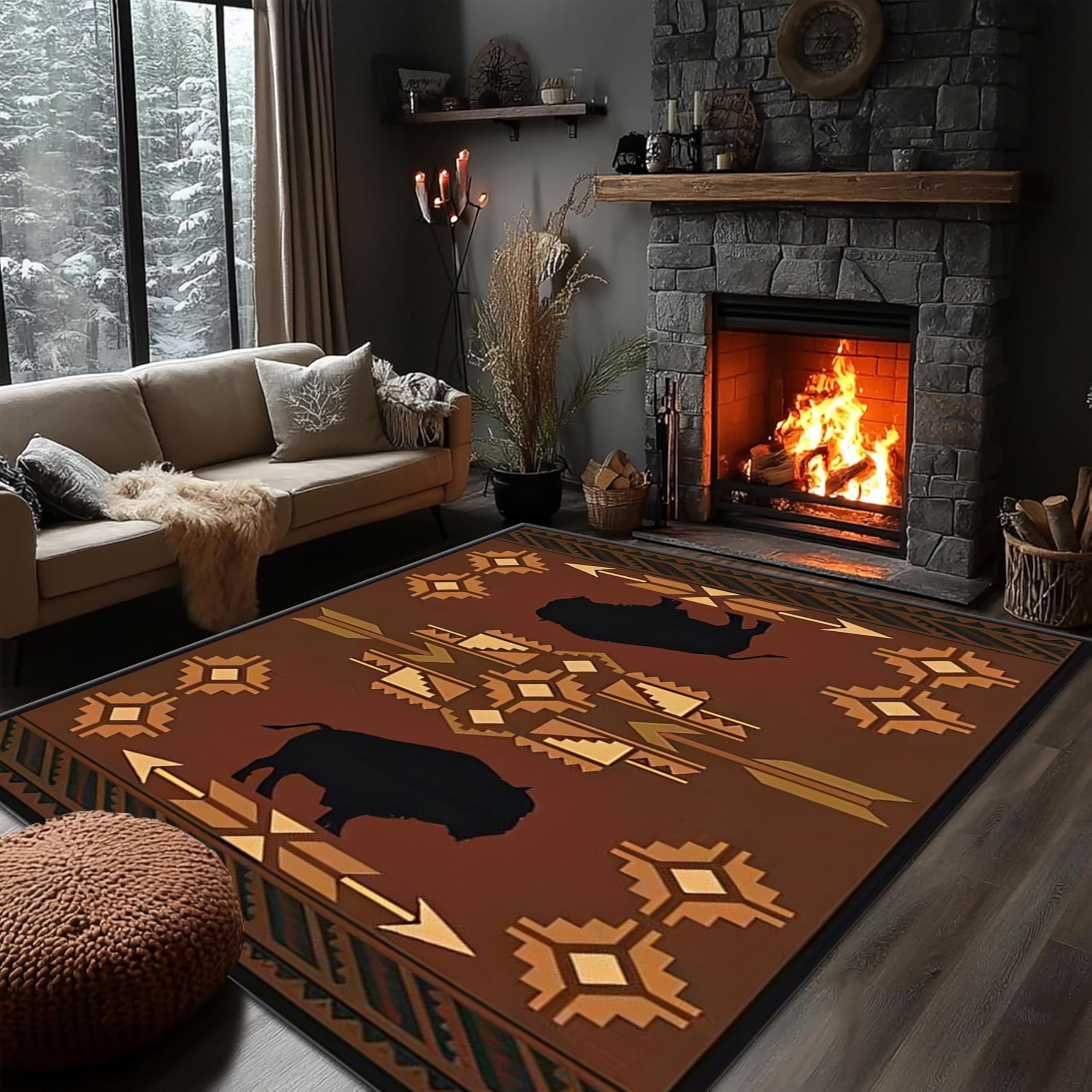 PDENZG Southwest Rustic Area Rugs, 180x260cm,Country Vintage Lodge Native Style Rug，Cabin Decor Rug for Living Room，Western Home Office Decor Floor Mats， for High Traffic Living Room Bull Area Rugs