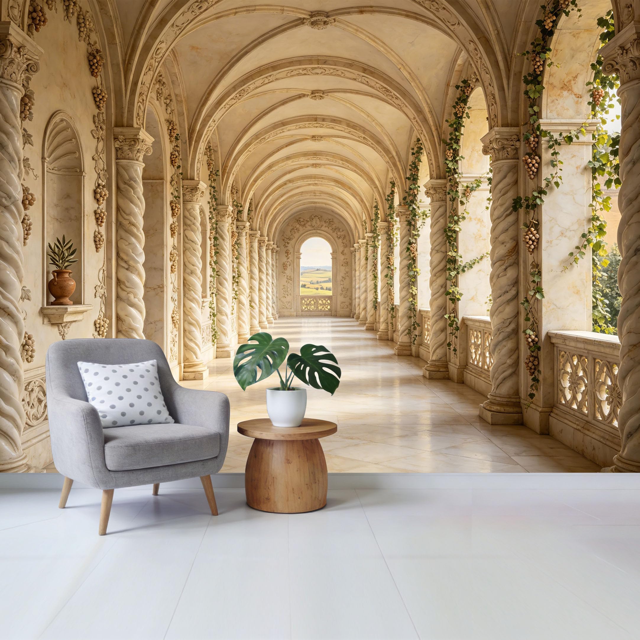 Removable Self Adhesive Fabric Mural， Neoclassical Marble Corridor Archway Custom Size Wall Covering， UV Protected Waterproof Washable Wall Decor for Living Room Bedroom Bathroom