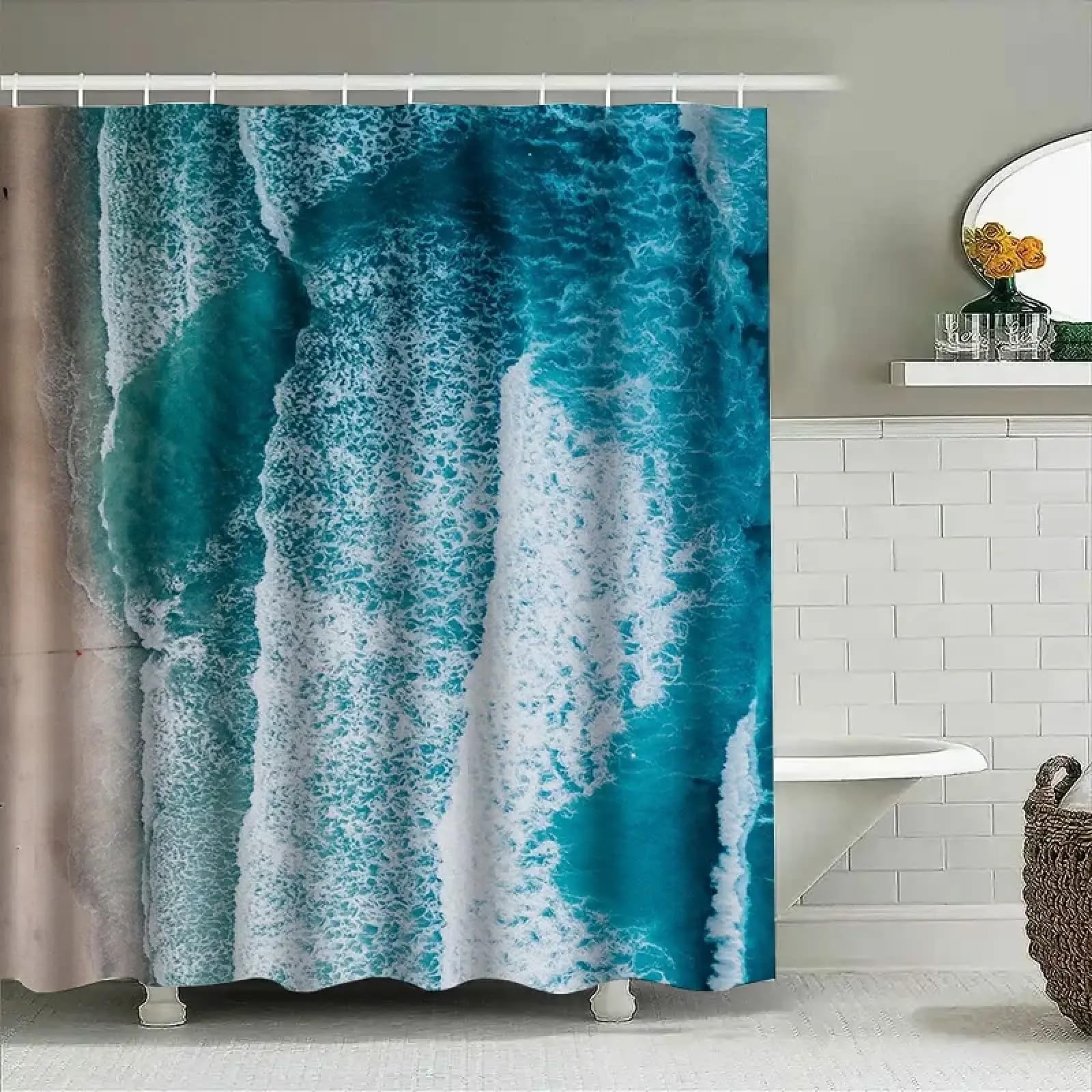 Rideau de douche de plage vagues bleues pour salle de bain moderne 168 x 183 cm