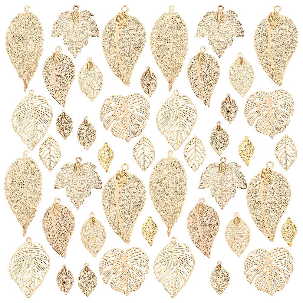 PH PandaHall 44pcs Filligree Leaf Charm, 11 Style Gold Tree Charm Brass Monstera Pendants Hollow Maple Pendants for DIY Necklace Bracelet Earring Jewelry Making Keychain Bag Decoration
