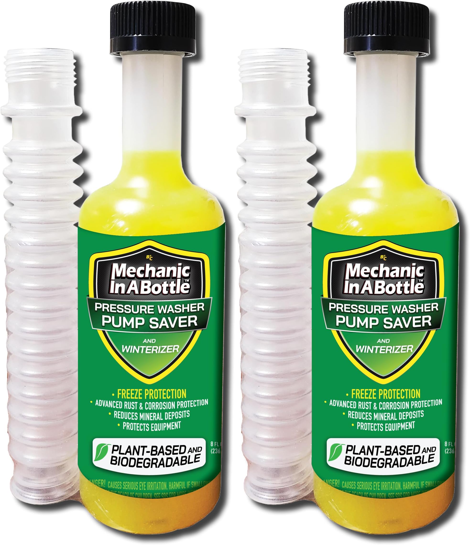Pressure Washer Pump Saver and Winterizer. Advanced Rust & Corrosion Protection, Reduces Mineral Deposits, Protects Equipment. 8 oz with Flexible Pour Hose - 2 Pack.