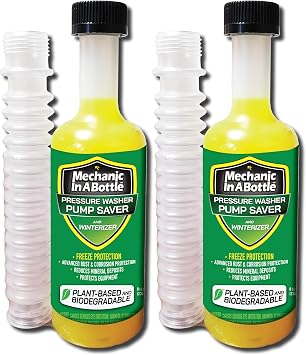 Mechanic in a Bottle Pressure Washer Pump Saver and Winterizer. Advanced Rust & Corrosion Protection, Reduces Mineral Deposits, Protects Equipment. 8 oz with Flexible Pour Hose - 2 Pack.