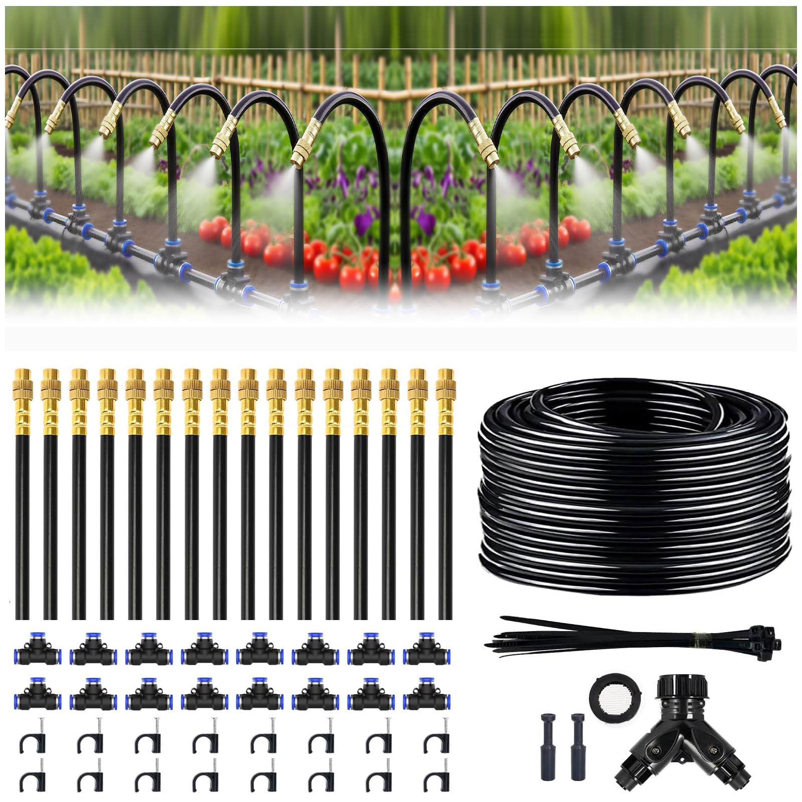 Photo 1 of 100FT Drip Irrigation System, 1/4 Inch Hose with 360° Adjustable Copper Nozzles – Garden Watering Kit for Lawn, Raised Beds, Greenhouse & Yard