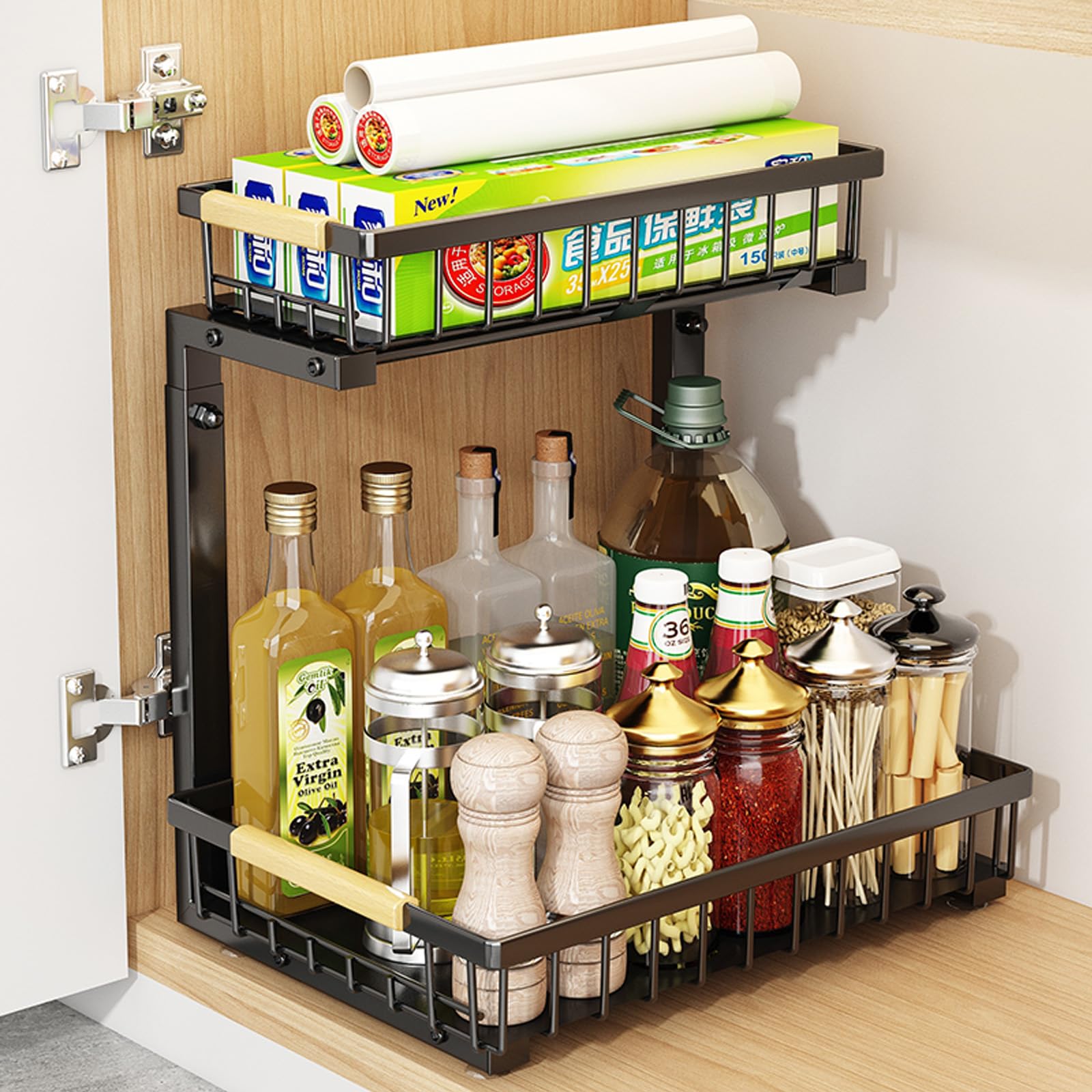 2 Pezzi Organizer Sottolavello a 2 Livelli Regolabile in Altezza Organizzatore Sotto Lavello Metallo Scorrevoli Cassetti Scaffale Estraibile per Cucina Bagno (Nero, confezione da 2)