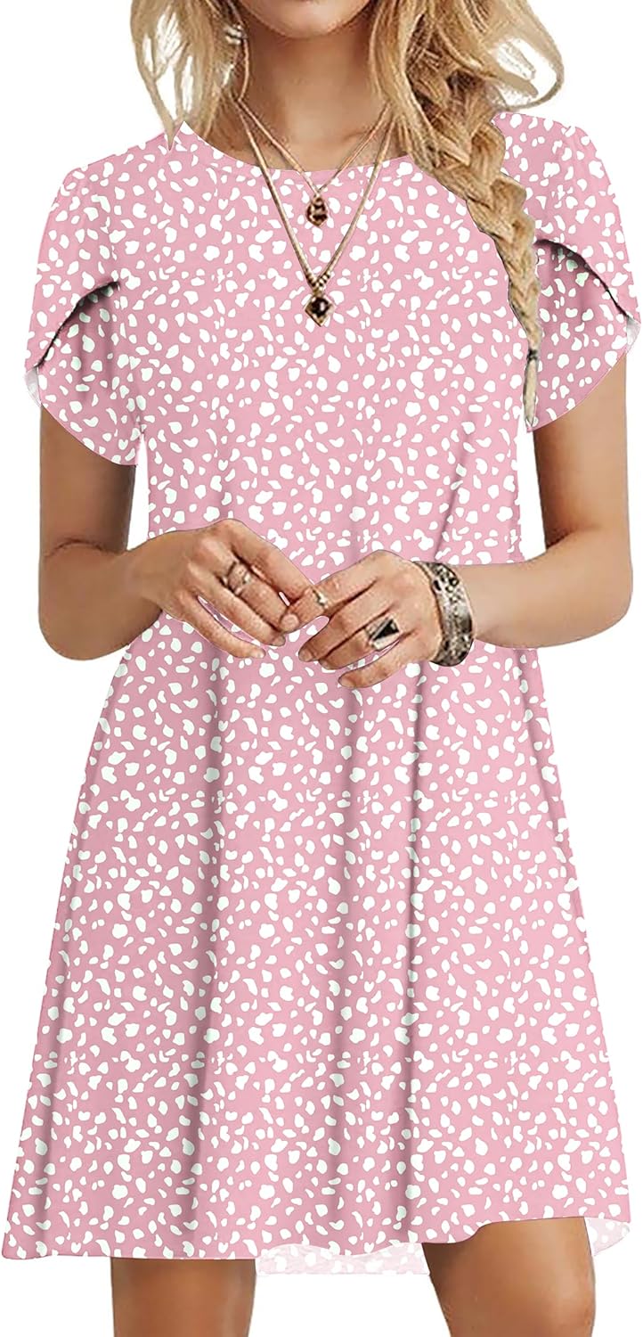 PLOKNRD Zomerjurk Vrouwenblaadjes Mouwen Jurk Ronde Hals Bloemenpatroon Casual Jurk Licht en Luchtig met Zakken(Roze Wit, L